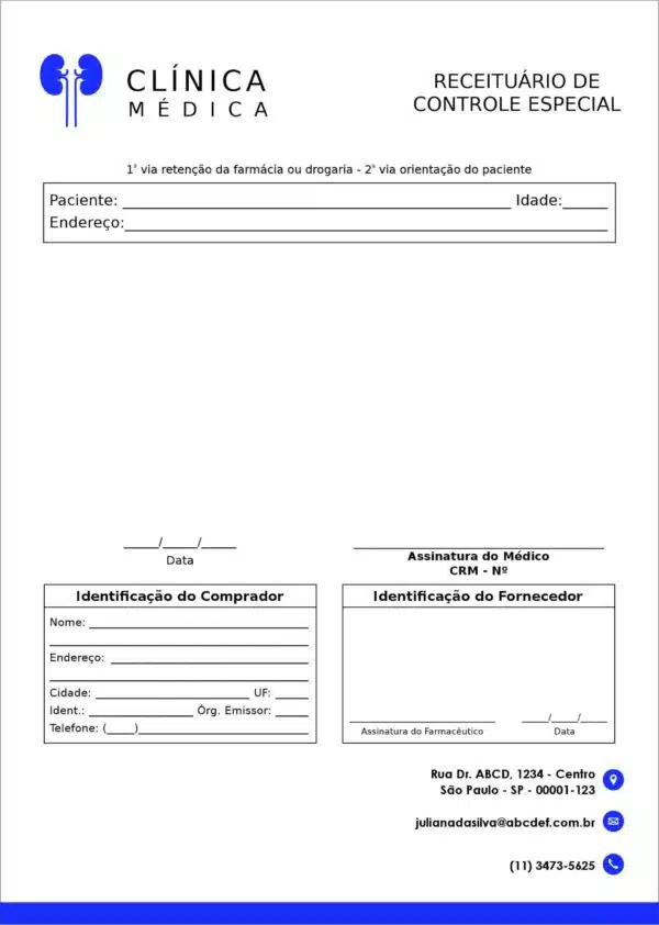 Receituário de Controle Especial Urologia Coimbra