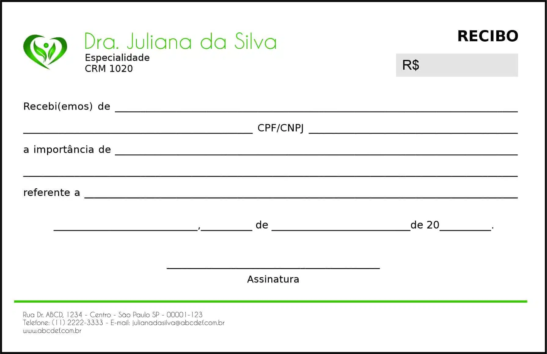 Recibo em 2 vias Endocrinologia Winnipeg