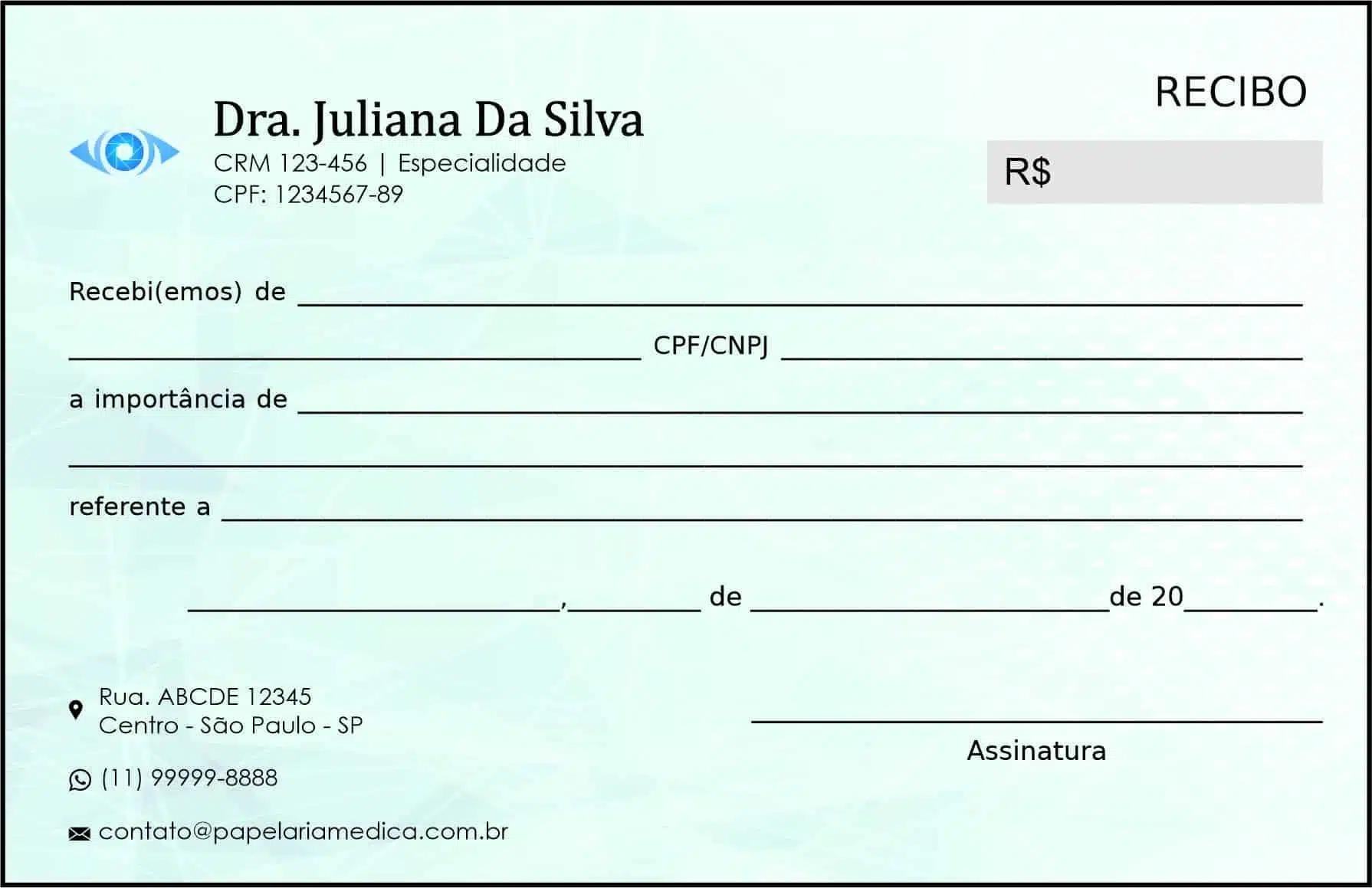Recibo em 2 vias Oftalmologia Gotemburgo