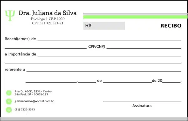 Recibo em 2 vias Psicológico Frankfurt Recibo em 2 vias Psicológico Frankfurt