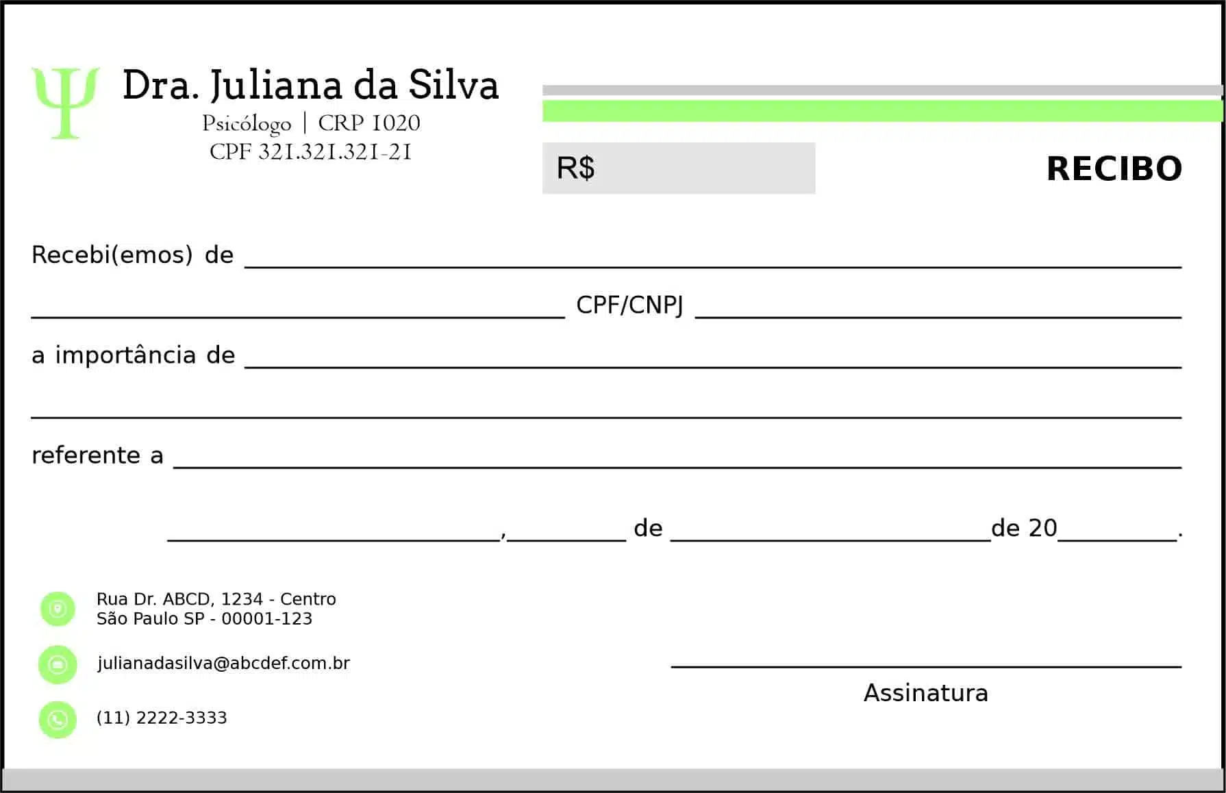 Recibo em 2 vias Psicológico Frankfurt