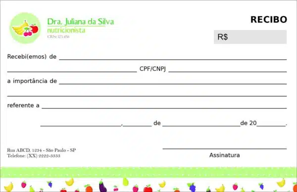 Recibo em 2 vias Nutricionista Corrientes Recibo em 2 vias Nutricionista Corrientes