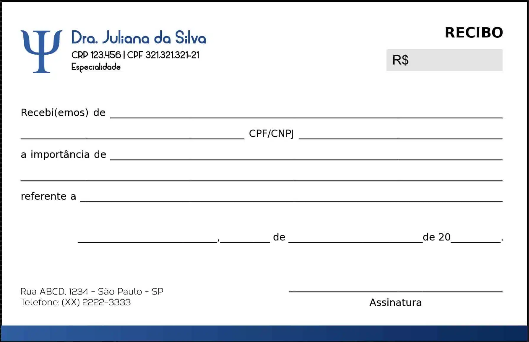 Recibo em 2 vias Psicológico Berlim