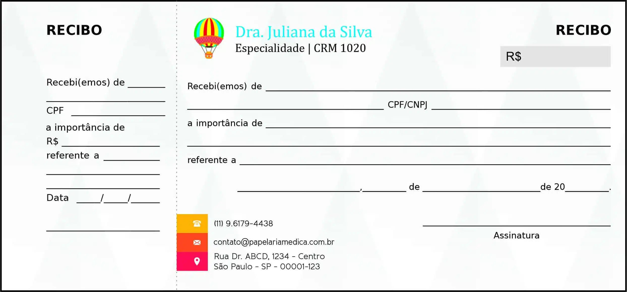 Recibo com Canhoto Pediatra Estetino