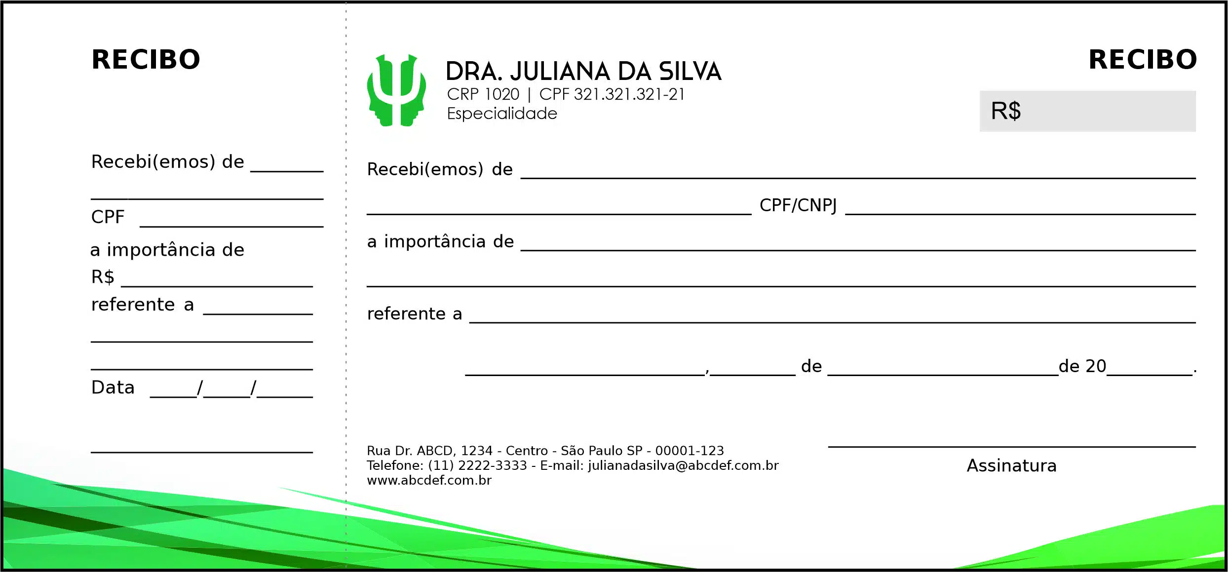 Recibo com Canhoto Psicológico Colônia