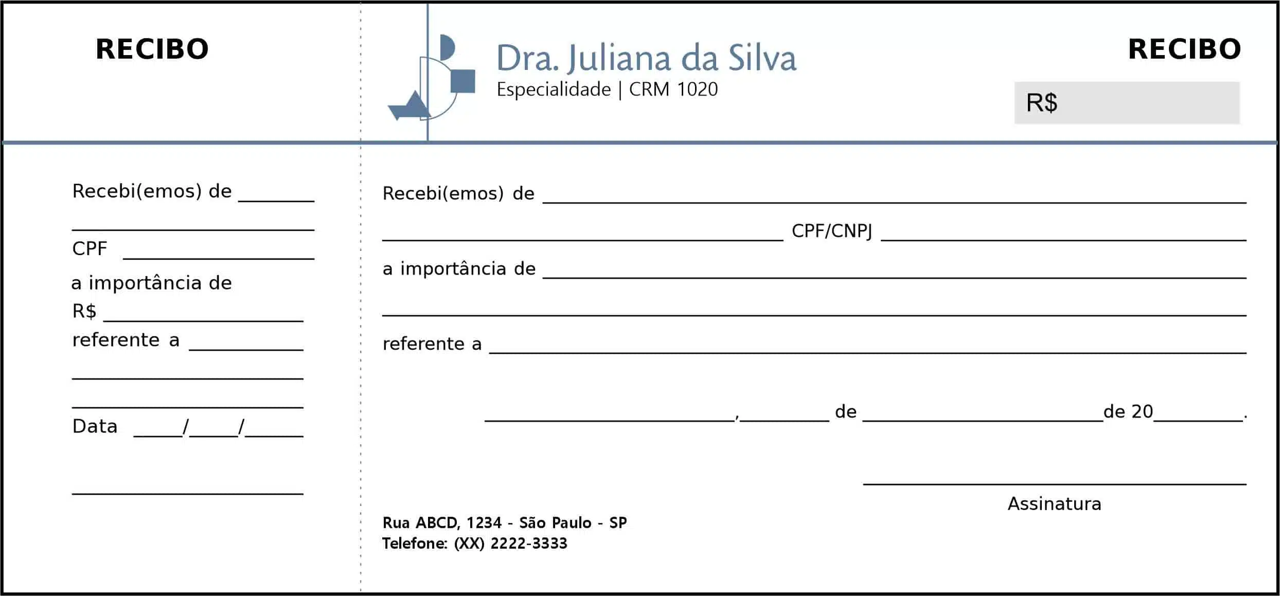 Recibo com Canhoto Psiquiatra e Neurologista Siena