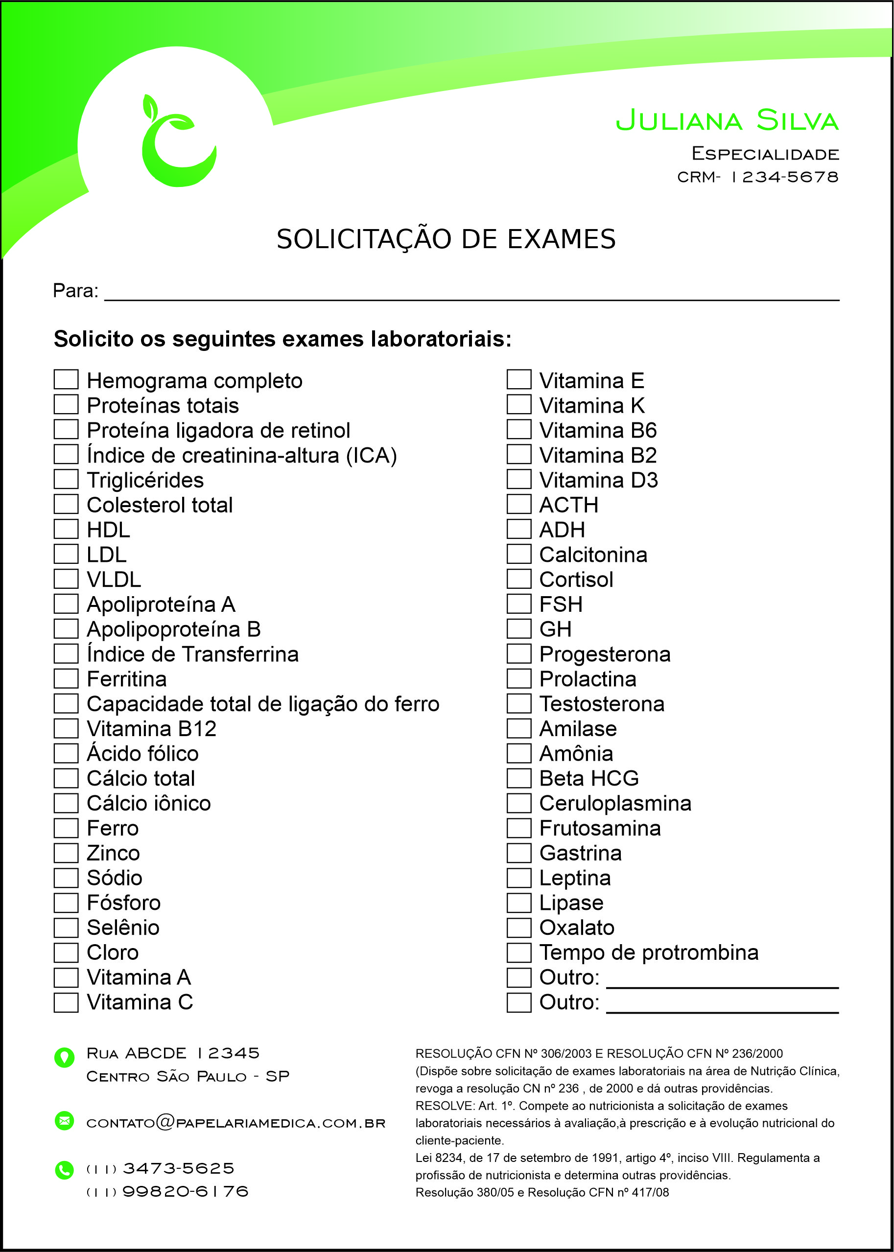 Solicitação de Exames Nutricionista Córdoba