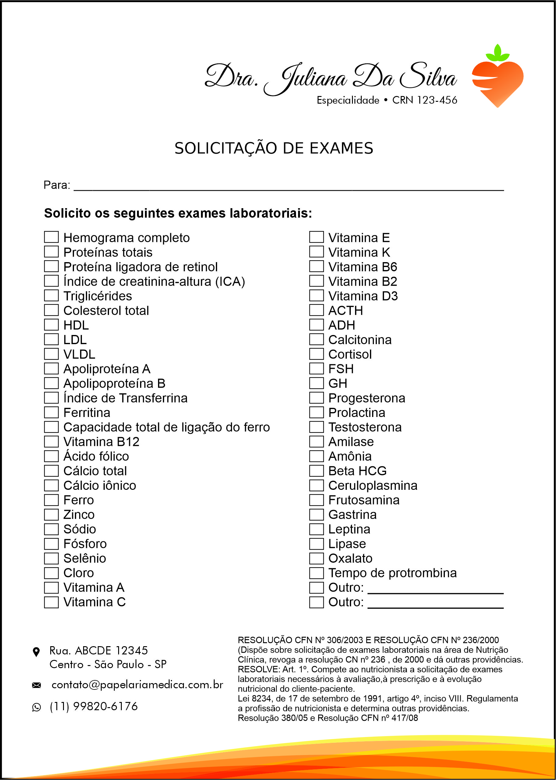 Solicitação de Exames Nutricionista Santa Fé