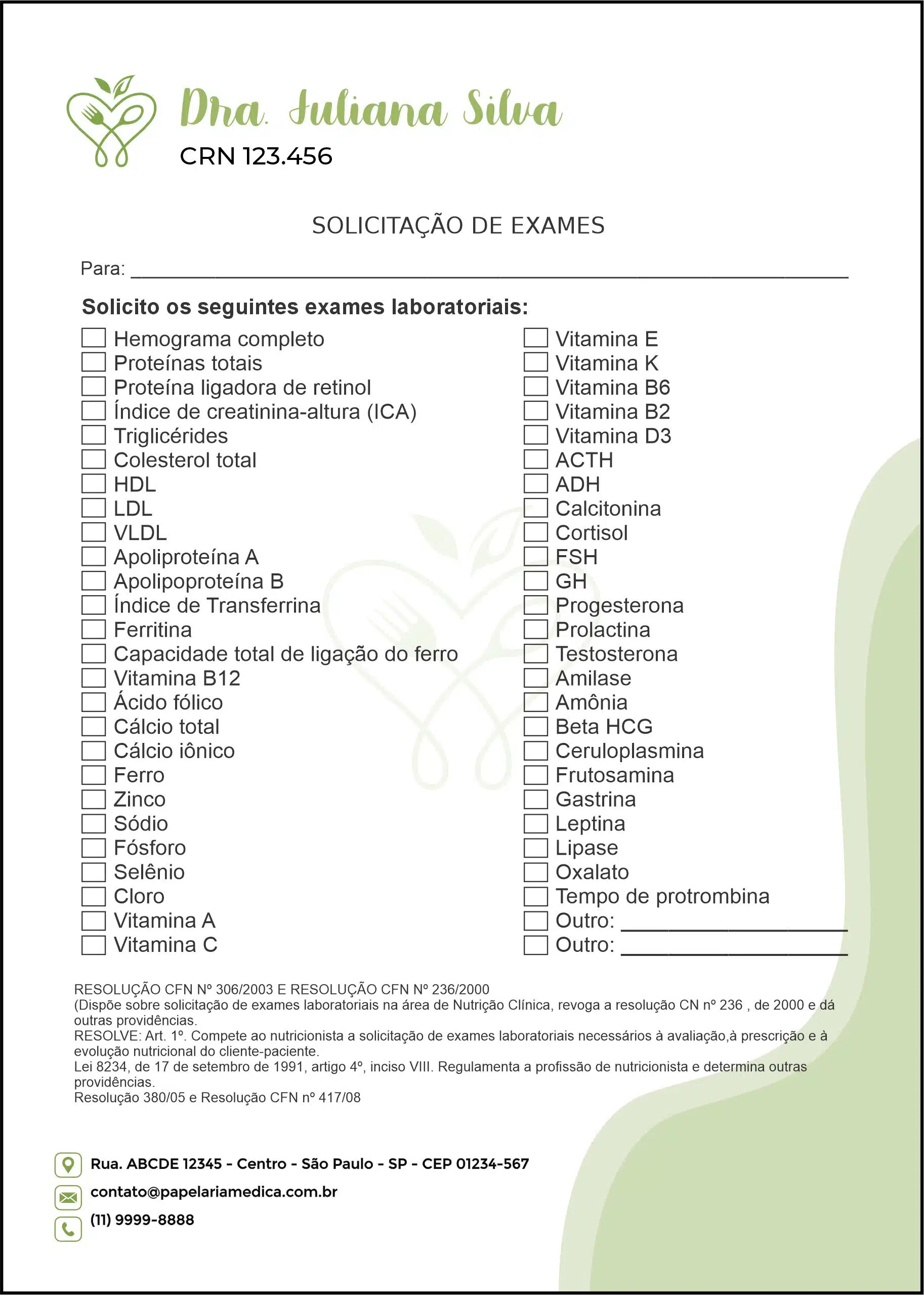 Solicitação de Exames Nutricionista Bariloche