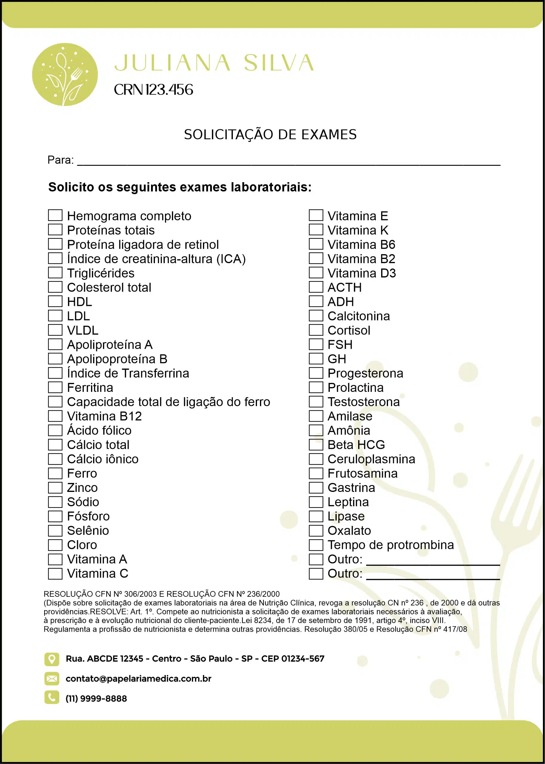 Solicitação de Exames Nutricionista Salta