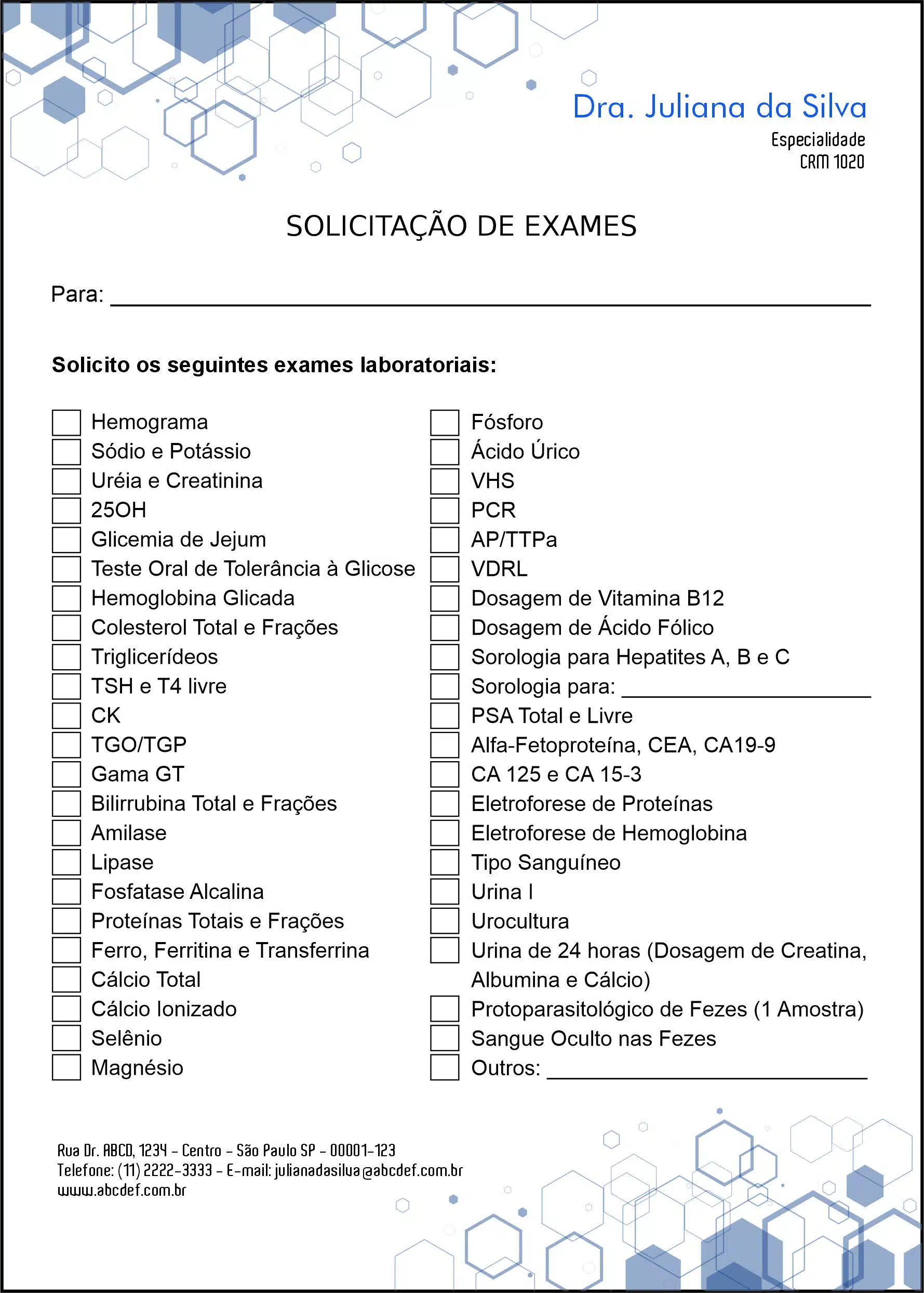 Solicitação de Exames Clínica Geral Mênfis