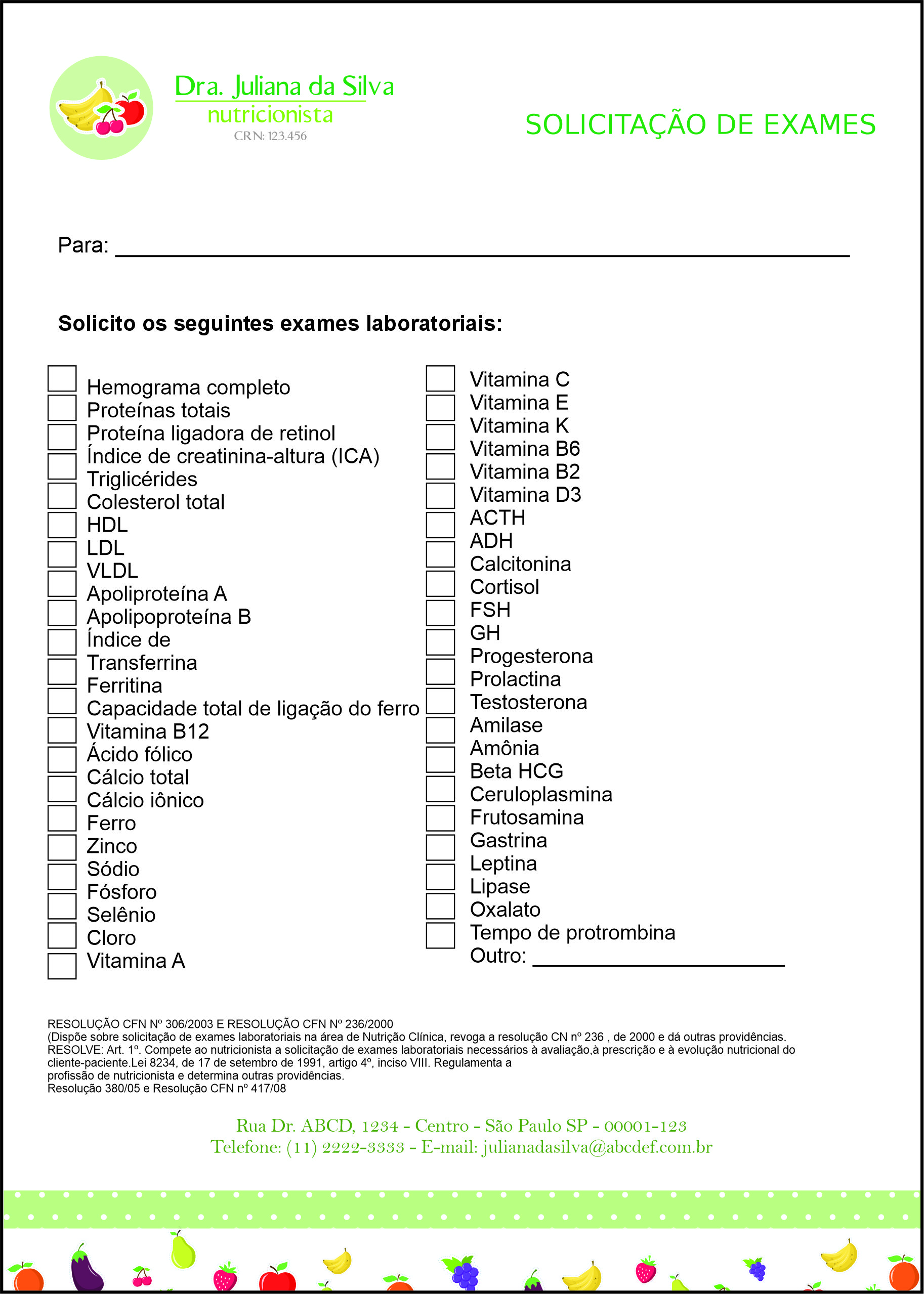 Solicitação de Exames Nutricionista Corrientes