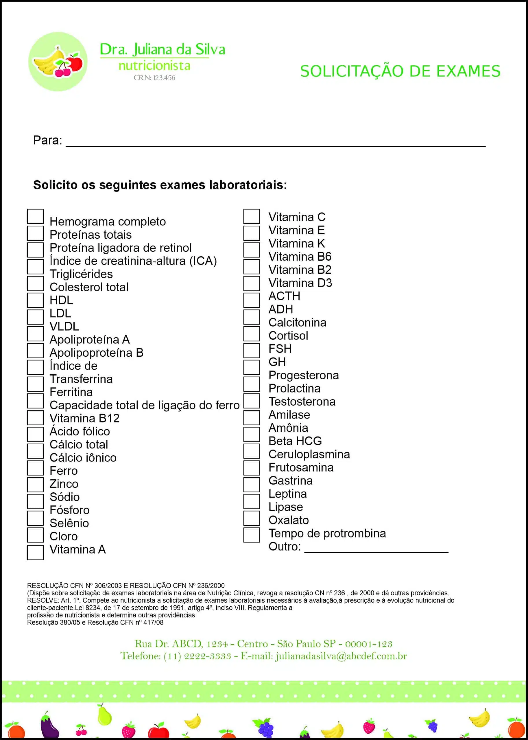 Solicitação de Exames Nutricionista Corrientes
