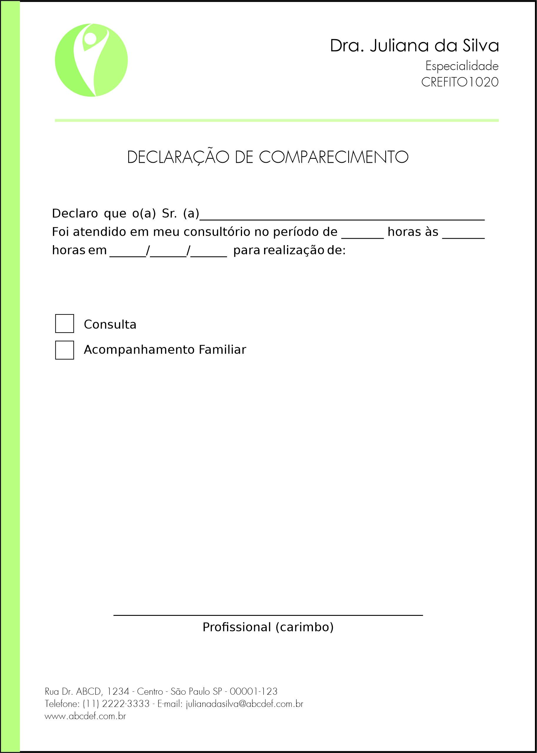 Declaração de Comparecimento Fisioterapia Corinto
