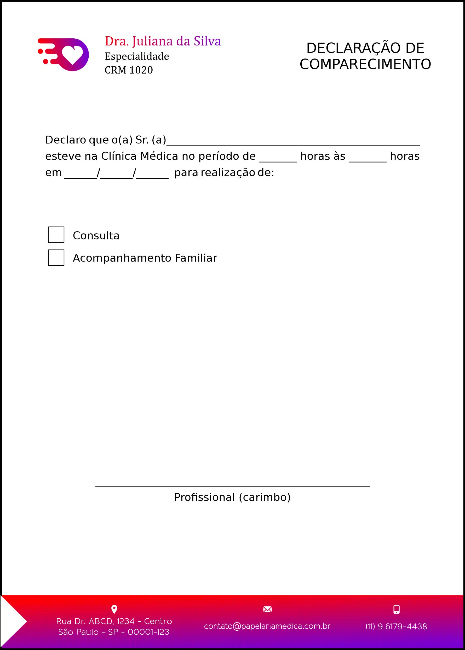 Declaração de Comparecimento Clínica Geral Damieta