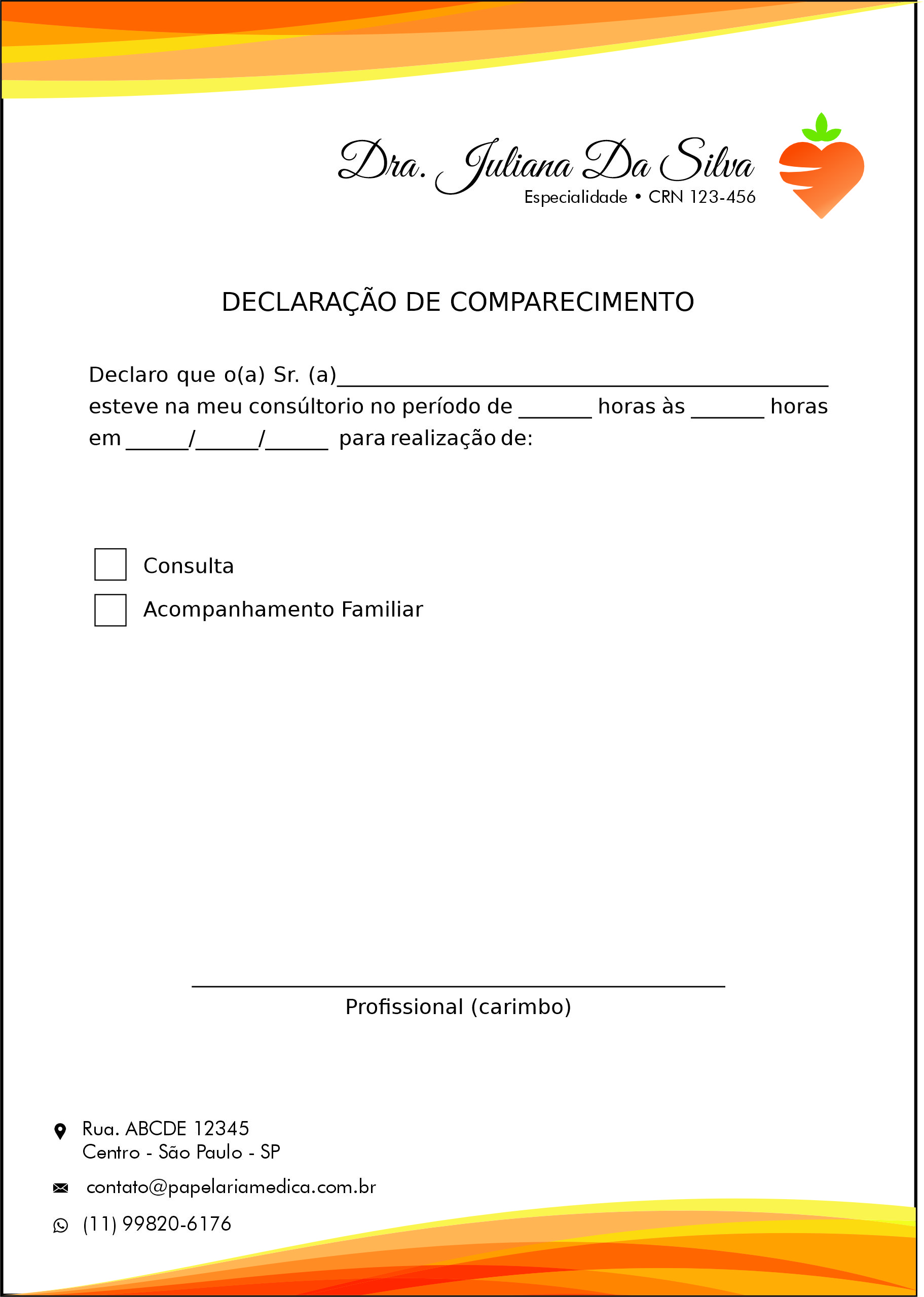 Declaração de Comparecimento Nutricionista Santa Fé