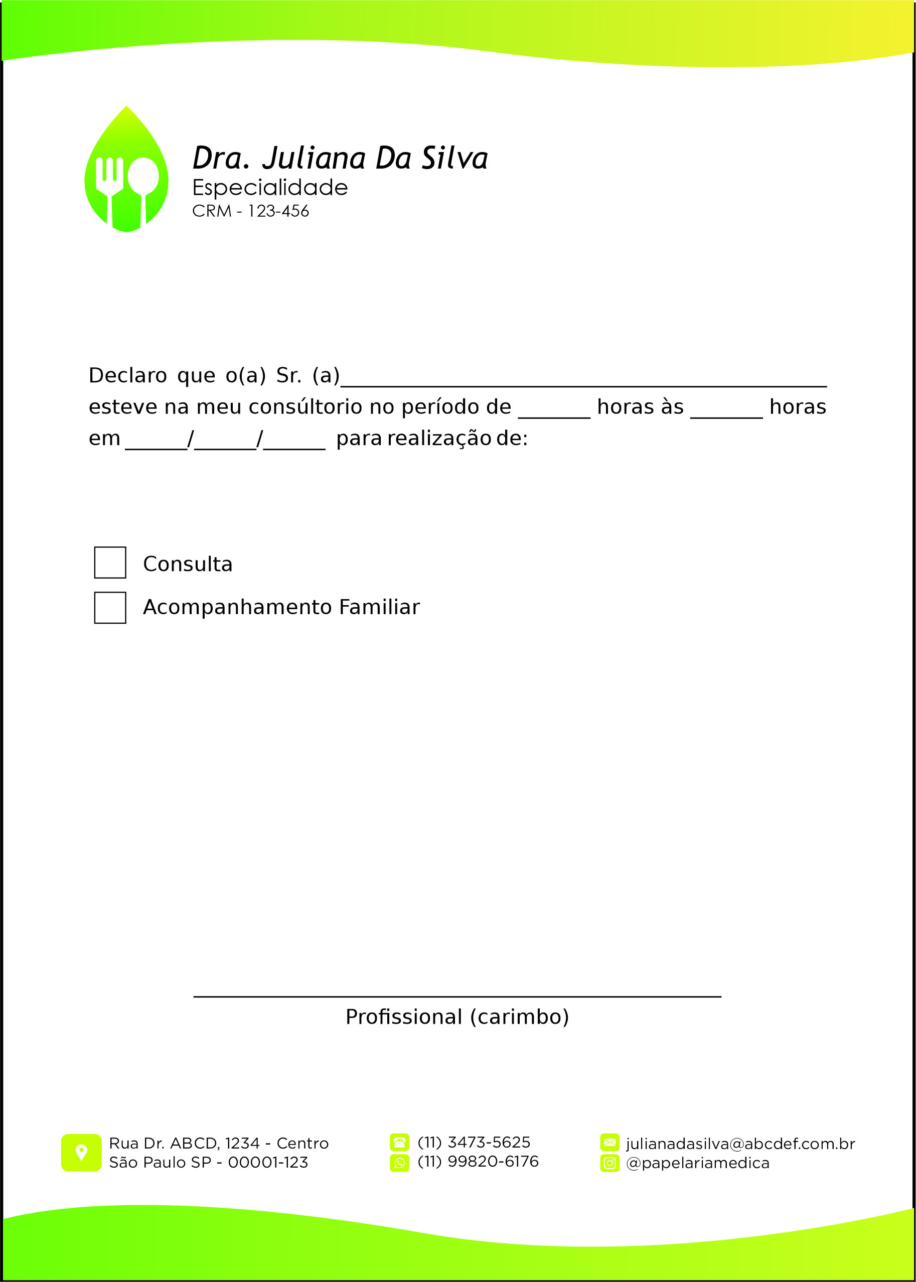 Declaração de Comparecimento Nutricionista Buenos Aires