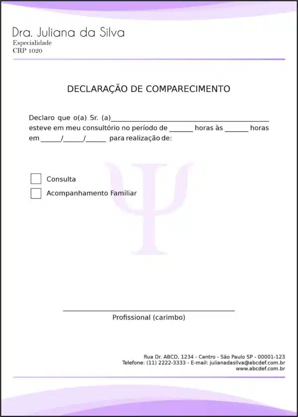 Declaração de Comparecimento Psicológico Heidelberg Declaração de Comparecimento Psicológico Heidelberg