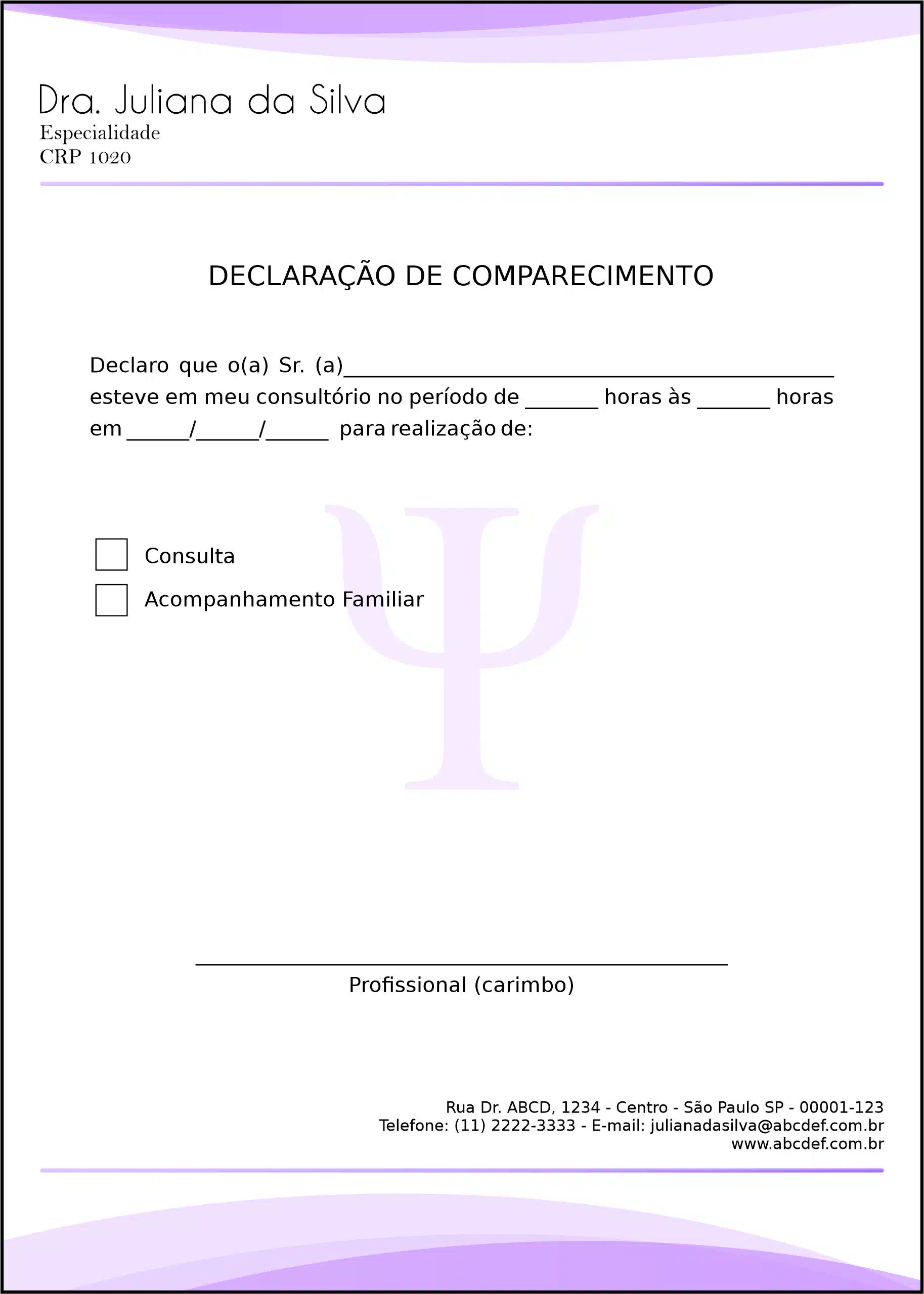 Declaração de Comparecimento Psicológico Heidelberg