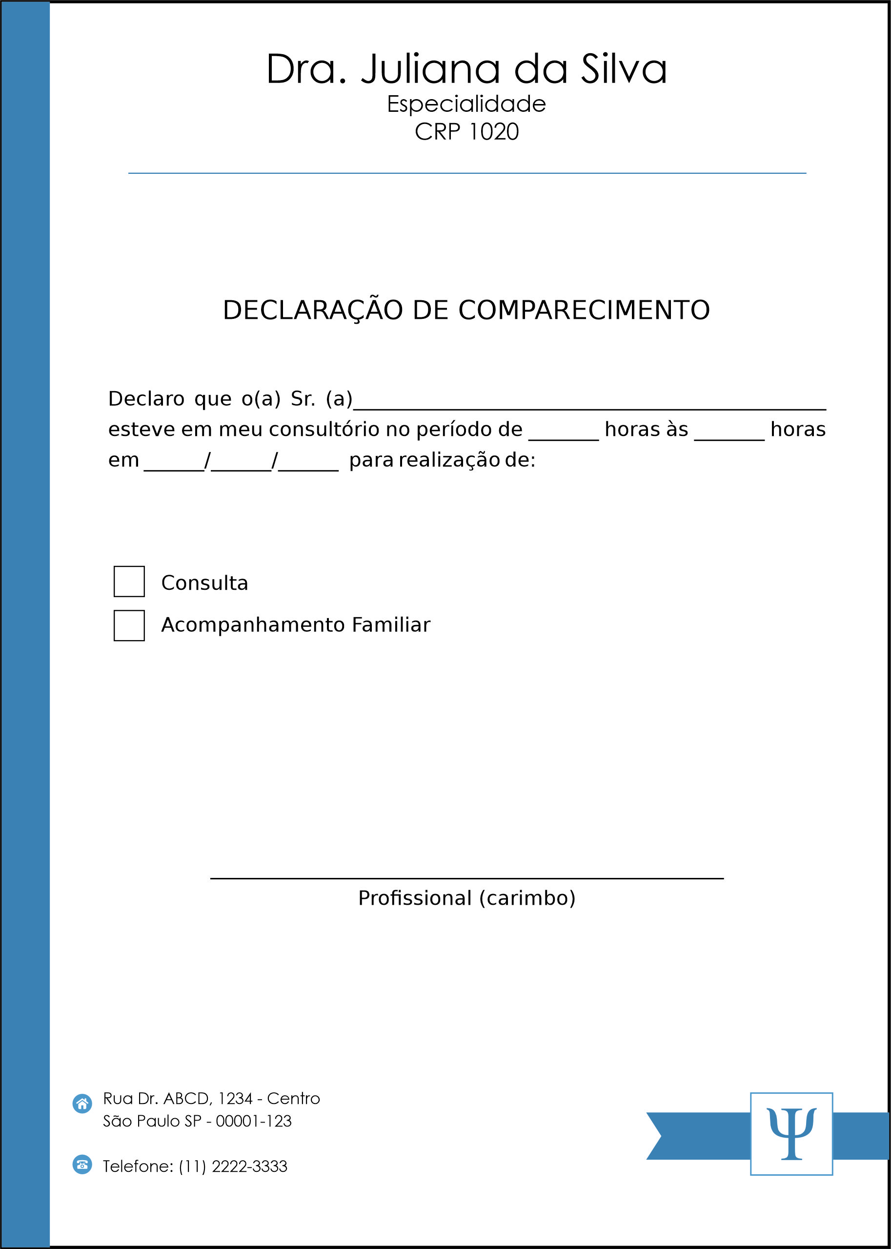 Declaração de Comparecimento Psicologia Bremen