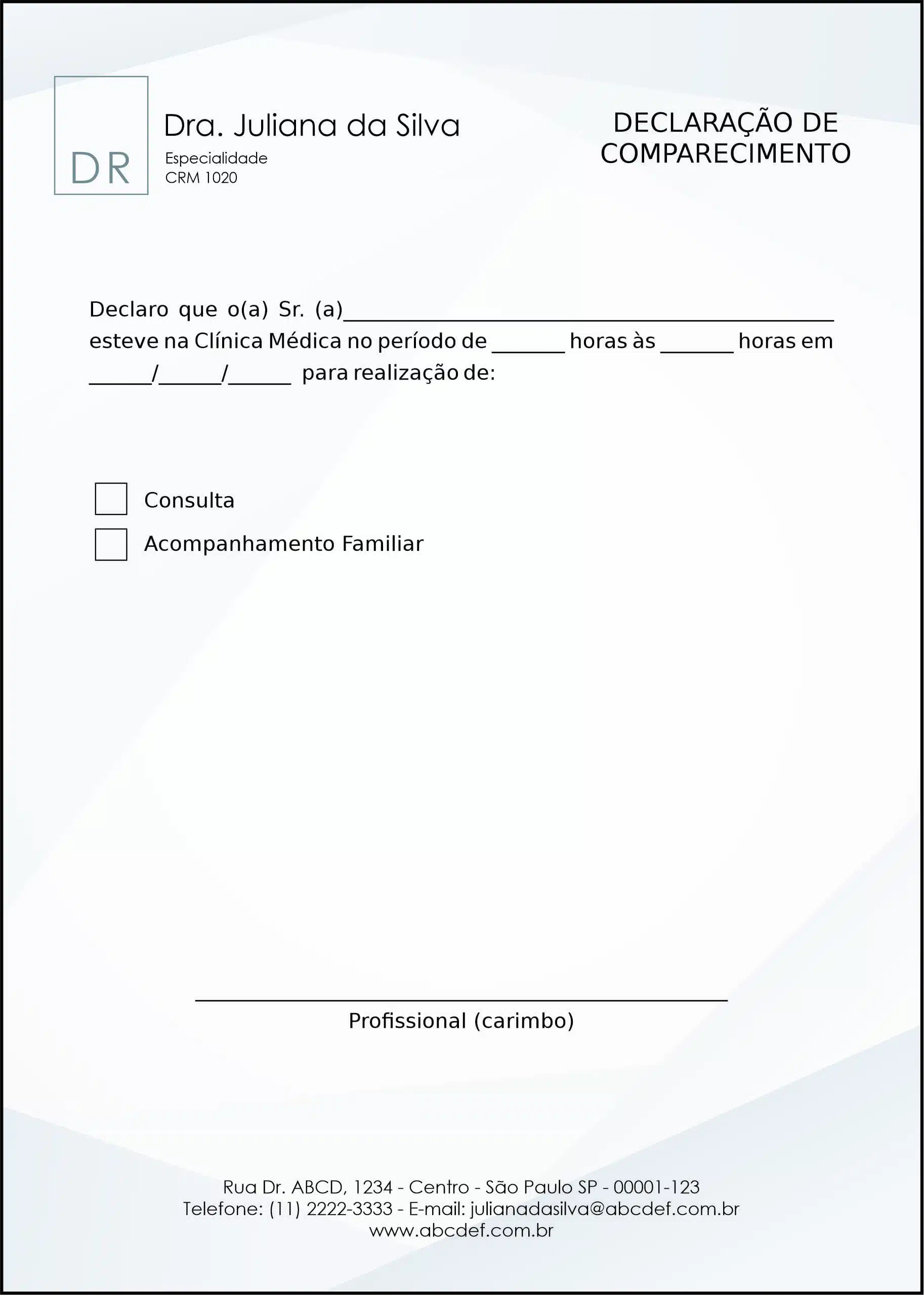 Declaração de Comparecimento Clínica Geral Alexandria
