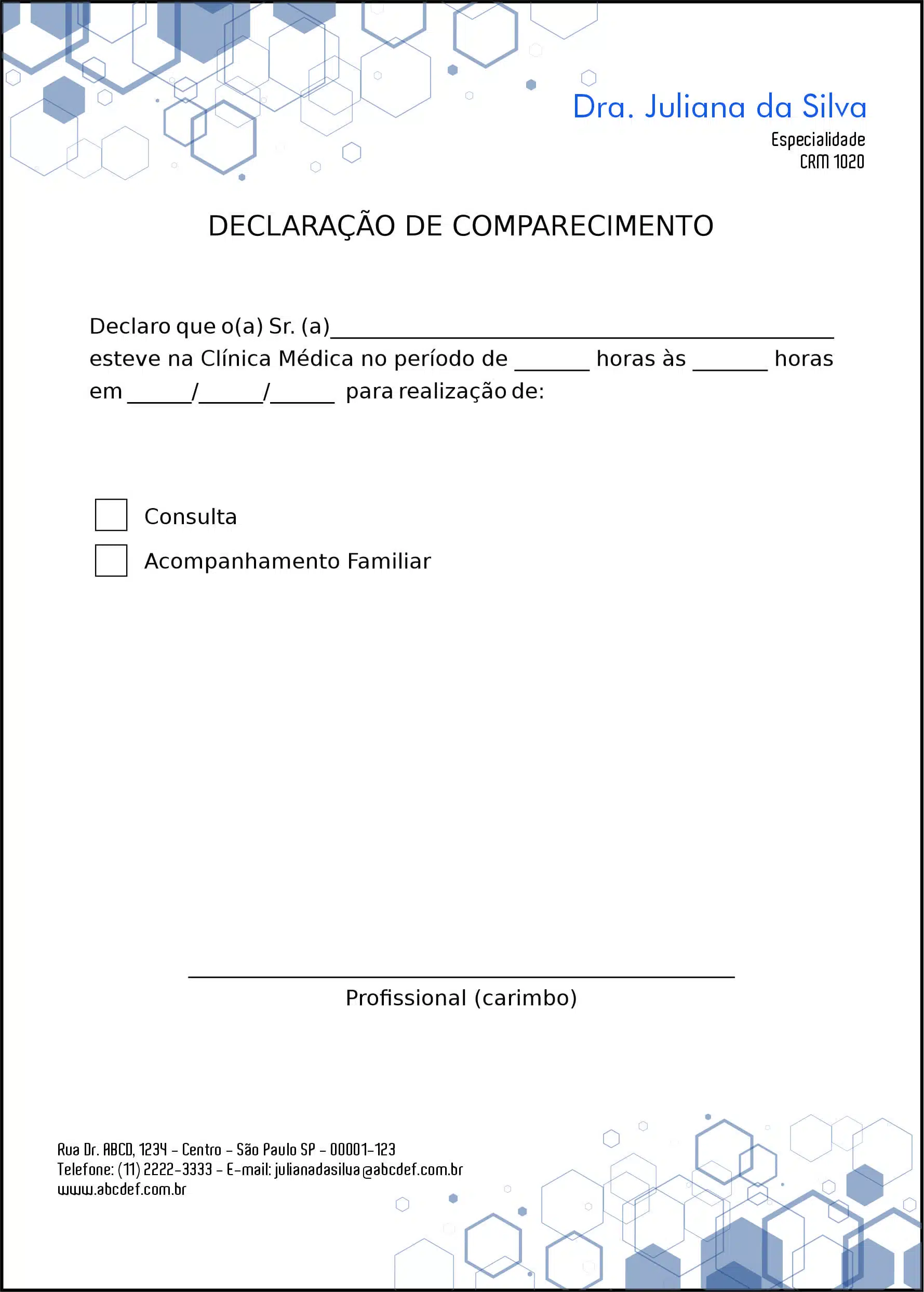 Declaração de Comparecimento Clínica Geral Mênfis