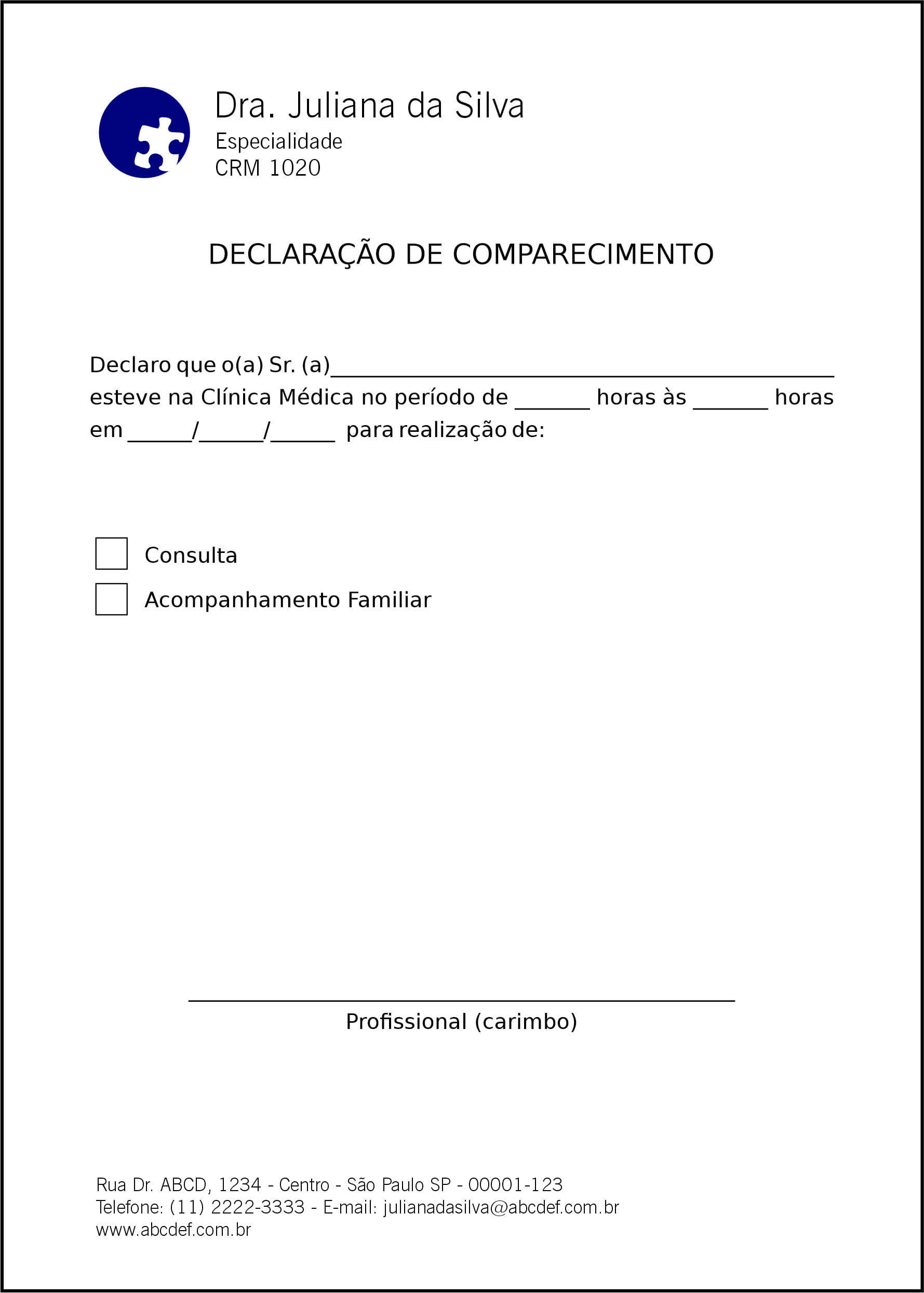Declaração de Comparecimento Psiquiatra e Neurologista Roma