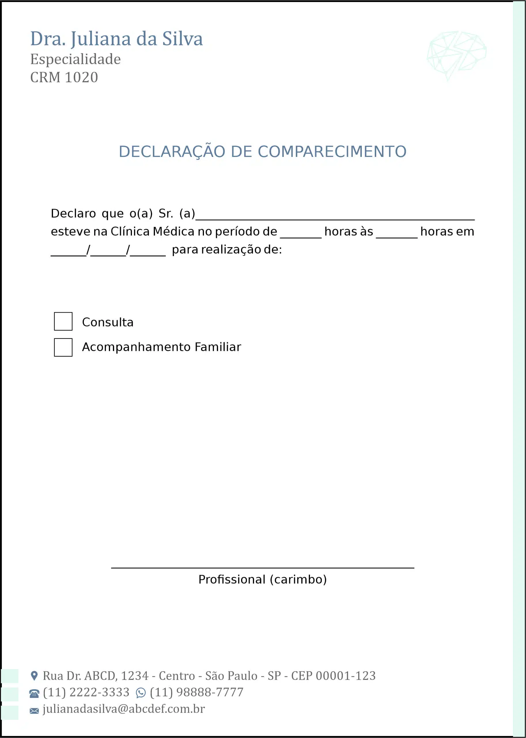 Declaração de Comparecimento Psiquiatra e Neurologista Genoa