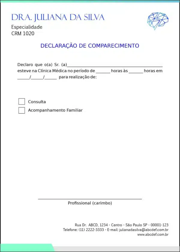Declaração de Comparecimento Psiquiatra e Neurologista Leeds Declaração de Comparecimento Psiquiatra e Neurologista Leeds