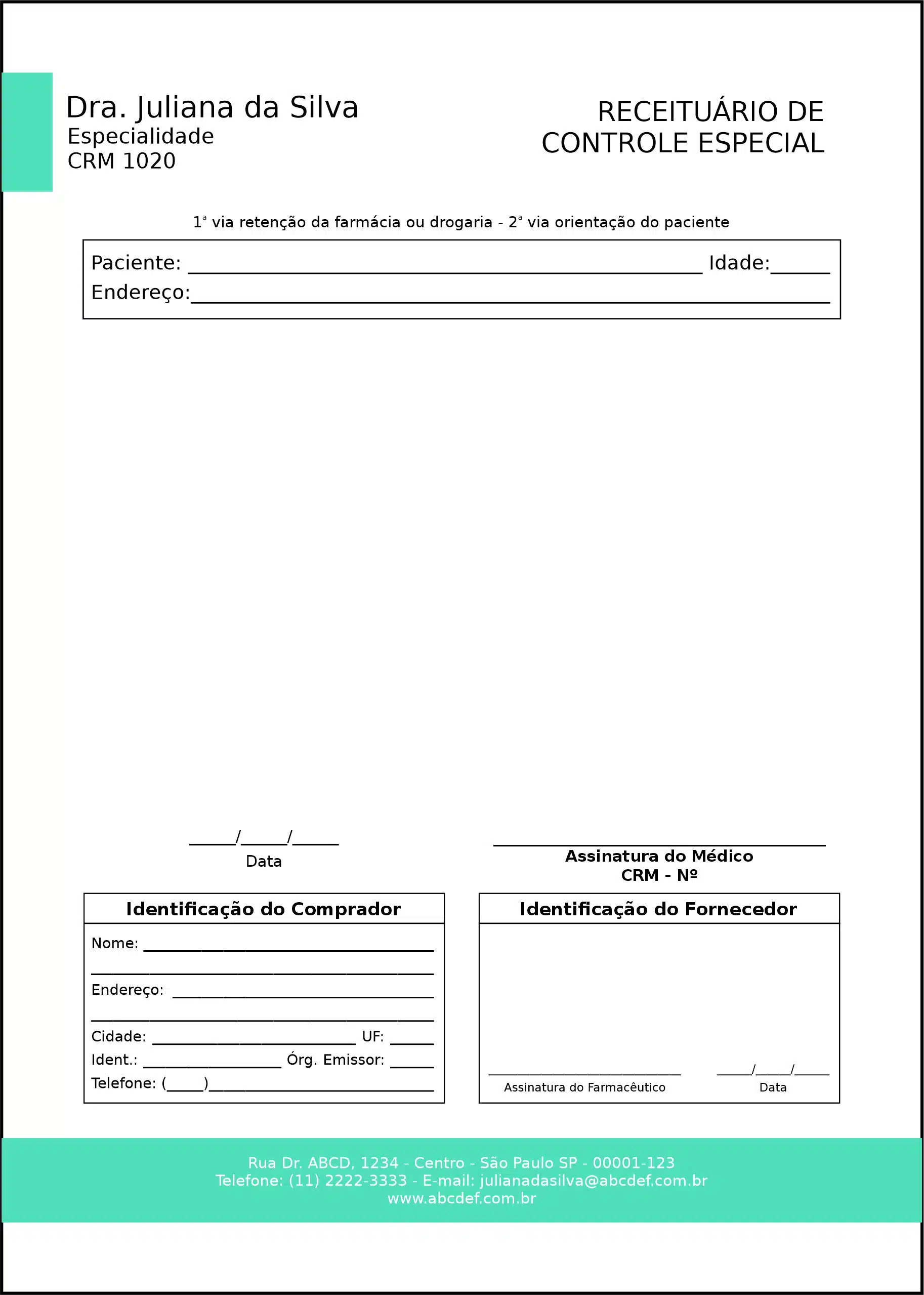 Receituário de Controle Especial Clínica Geral Dendera