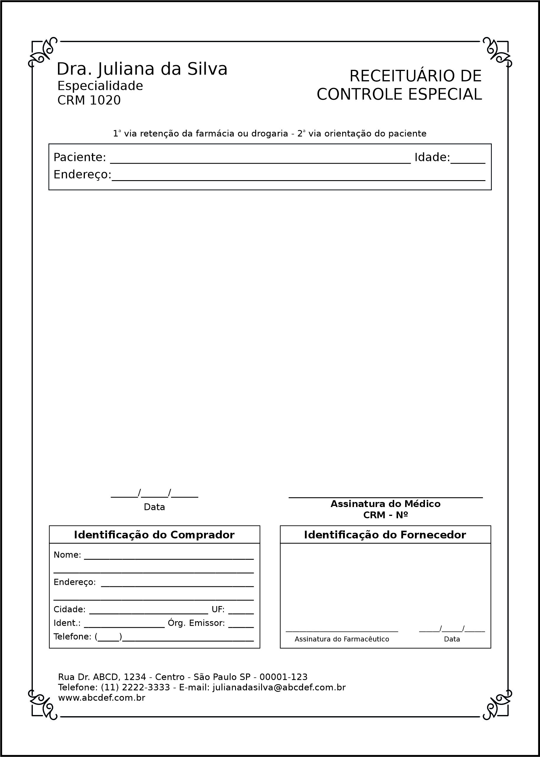 Receituário de Controle Especial Clínica Geral Tanta