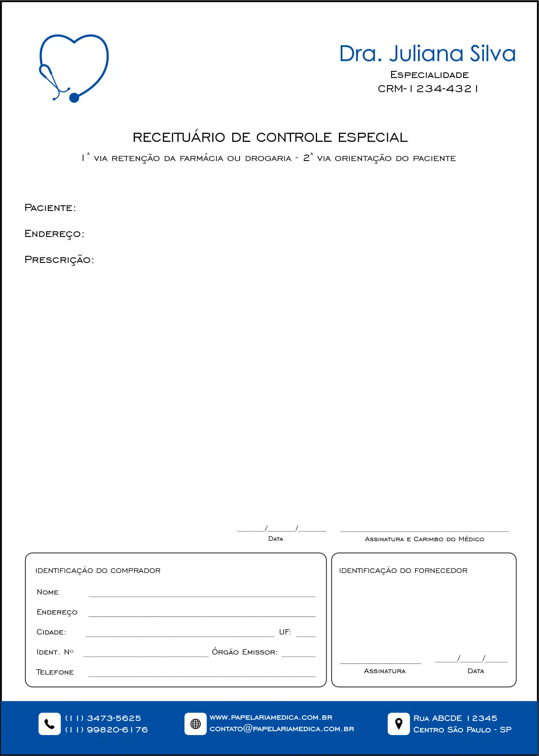 Receituário de Controle Especial Cardiologista Amsterdam