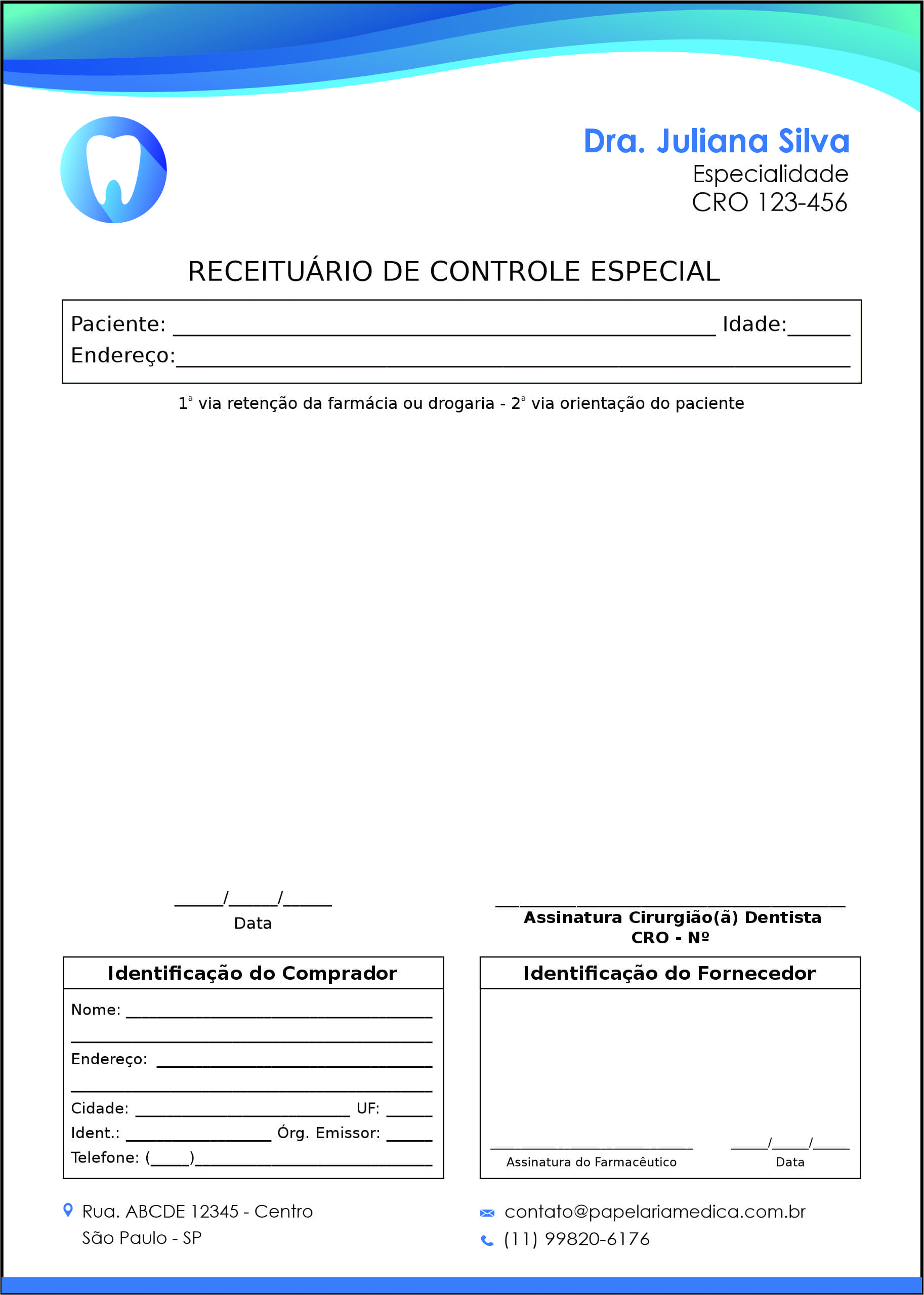 Receituário de Controle Especial Odontologia Nantes