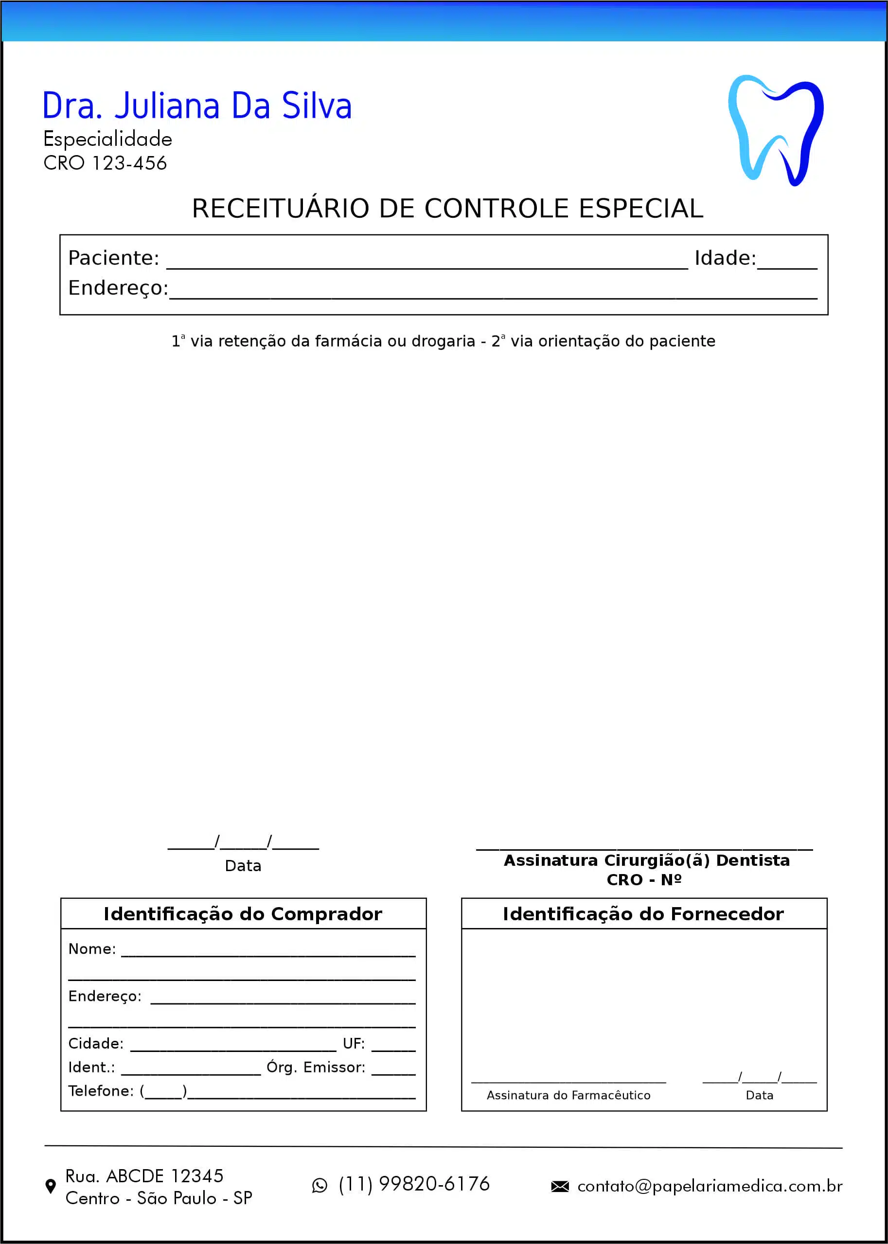 Receituário de Controle Especial Odontológico Marselha