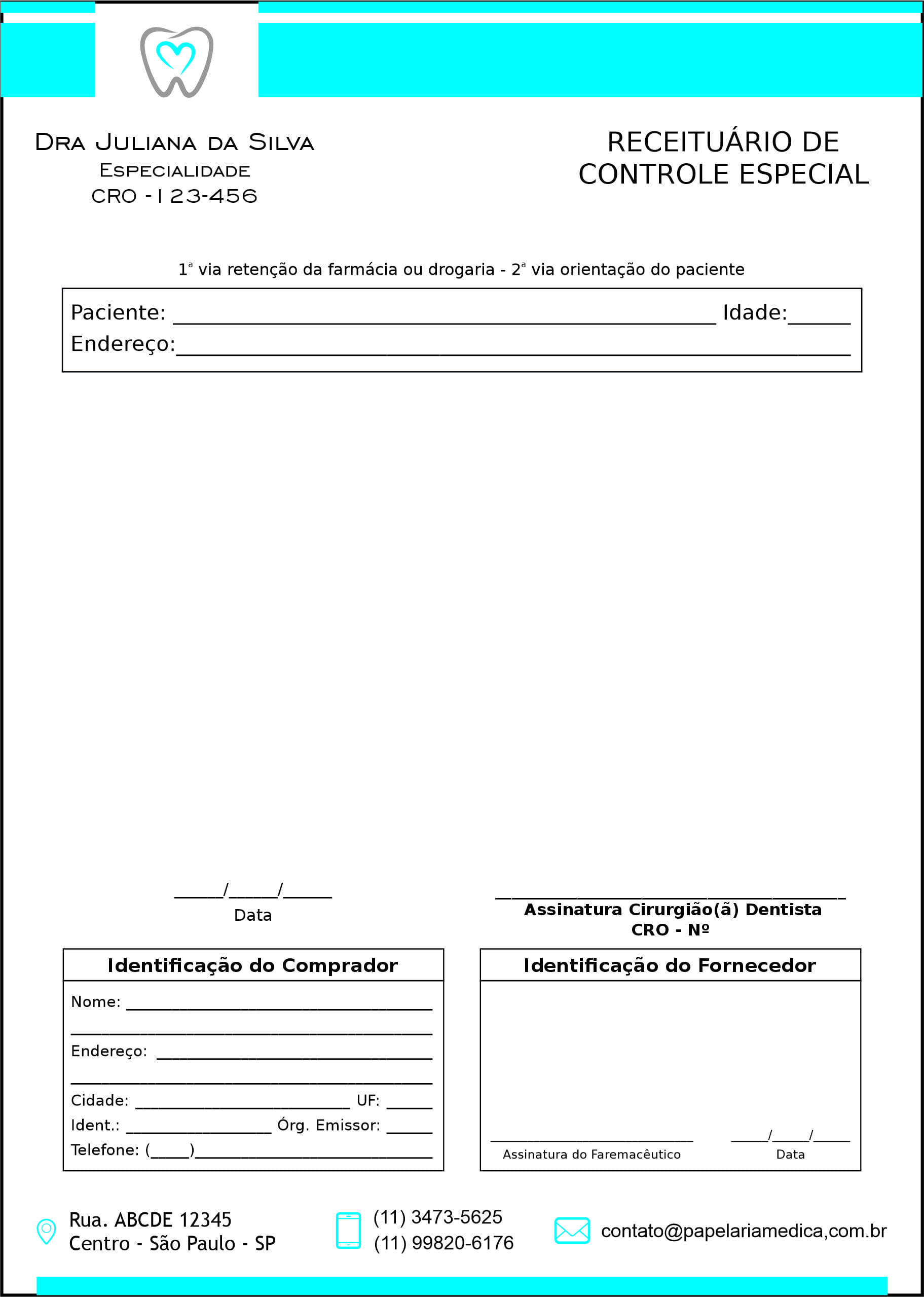 Receituário de Controle Especial Odontologia Rennes