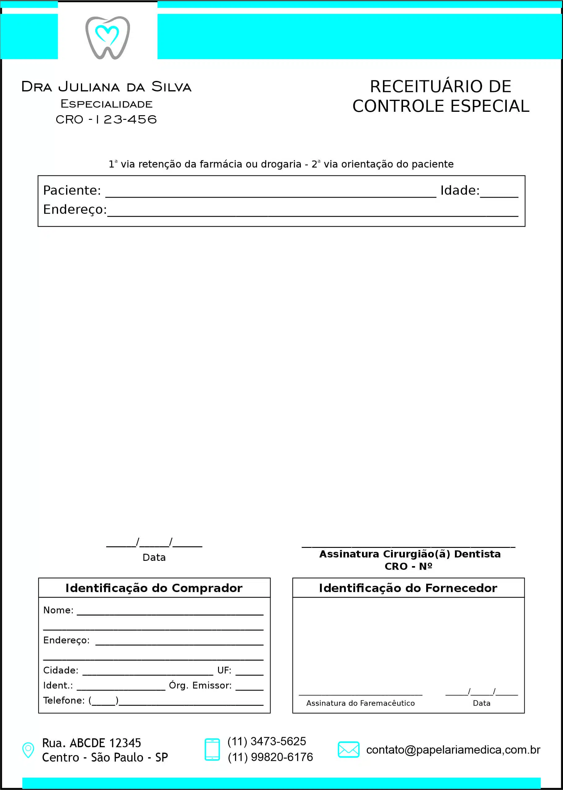 Receituário de Controle Especial Odontologia Rennes