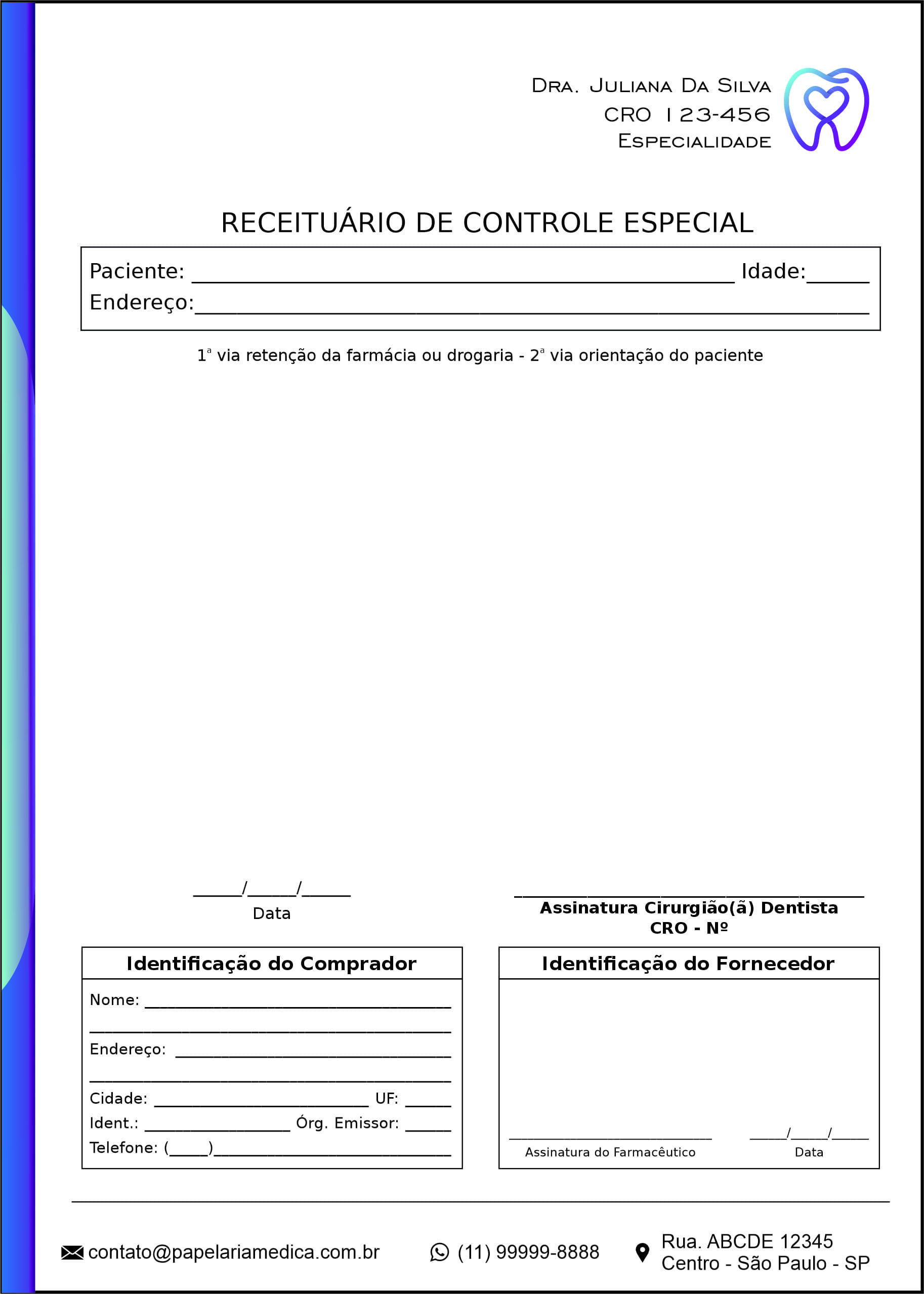 Receituário de Controle Especial Odontologia Paris