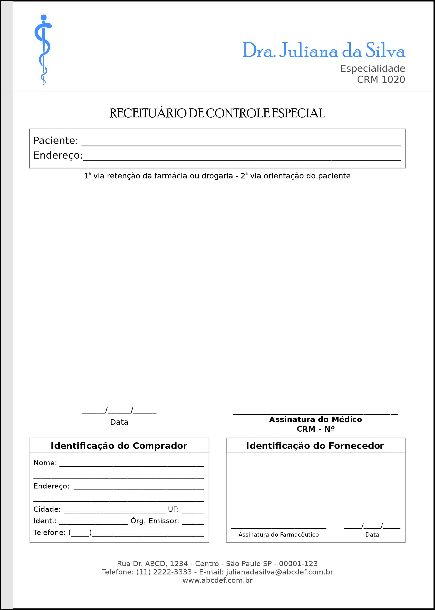 Receituário de Controle Especial Clínica Geral Saís