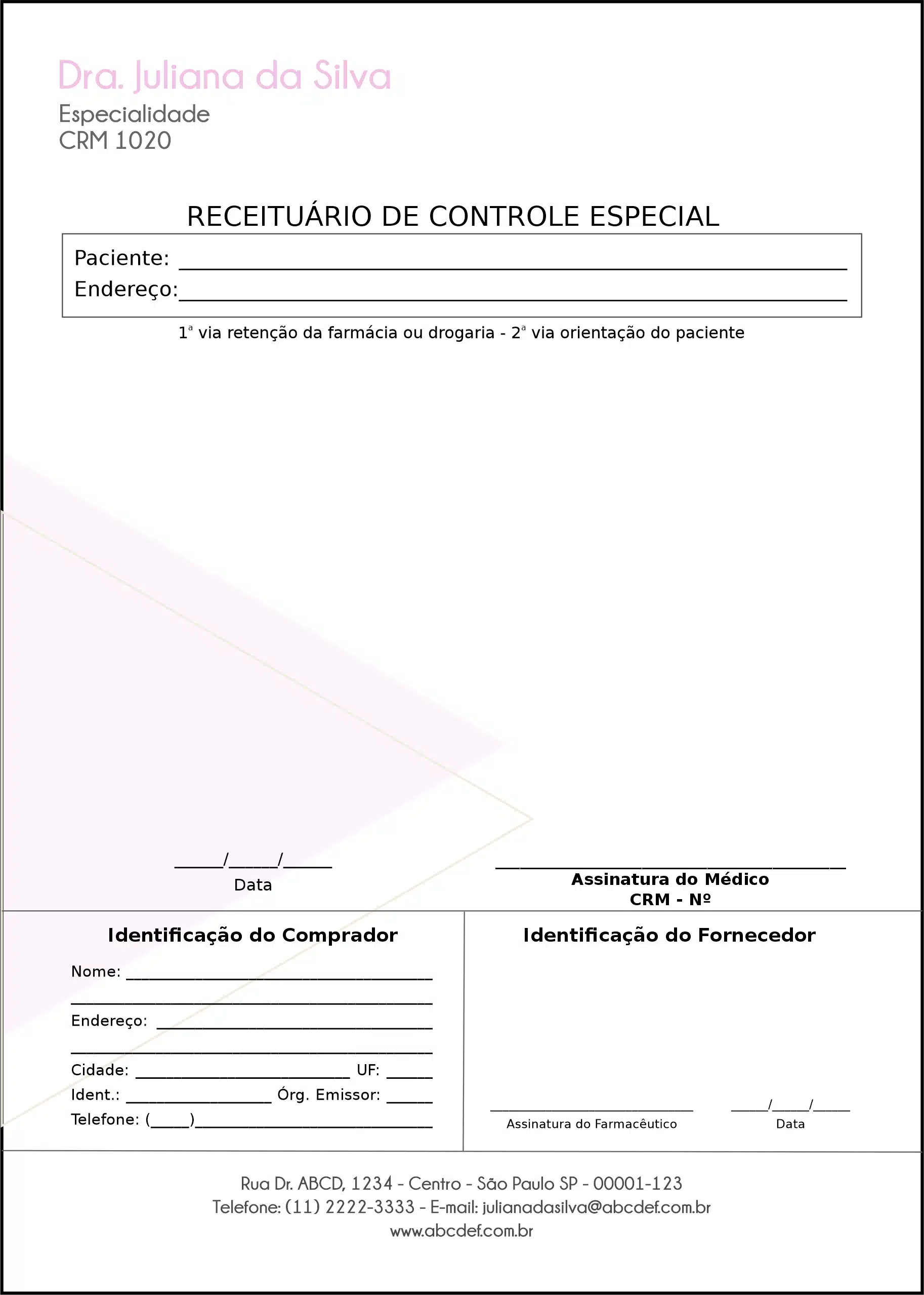 Receituário de Controle Especial Ginecologia Houston