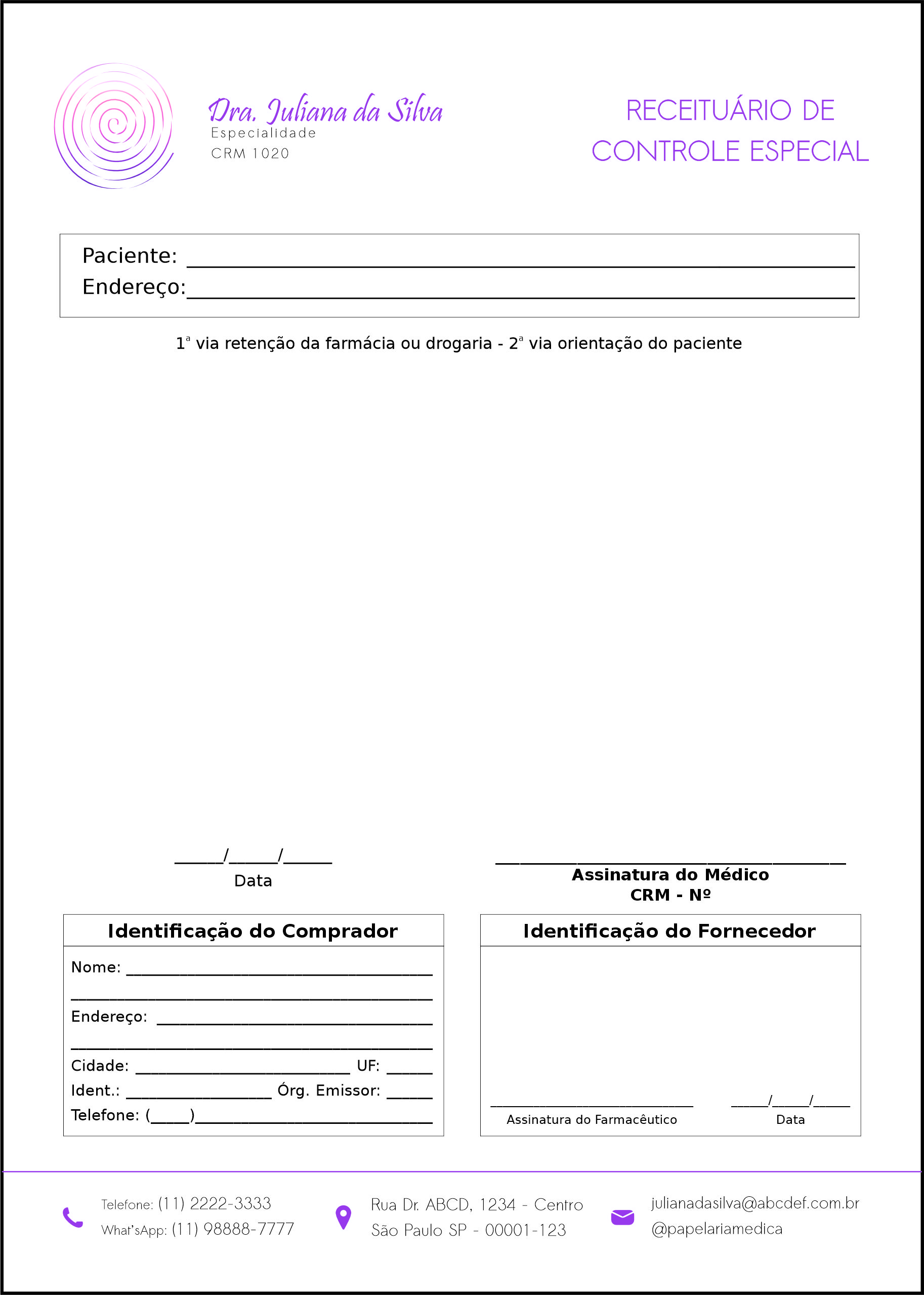 Receituário de Controle Especial Otorrinolaringologista Bilbao