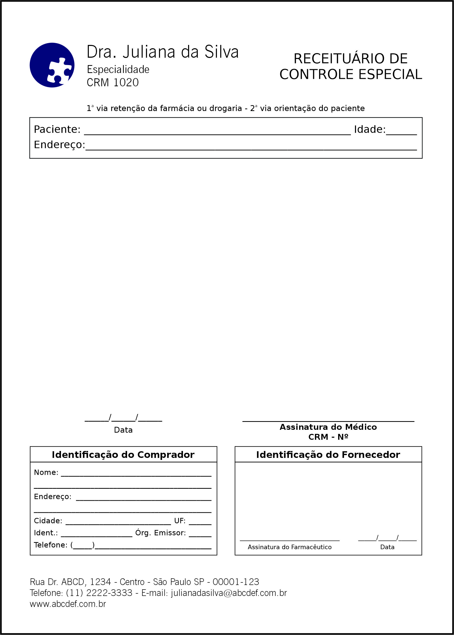 Receituário de Controle Especial Psiquiatra e Neurologista Roma