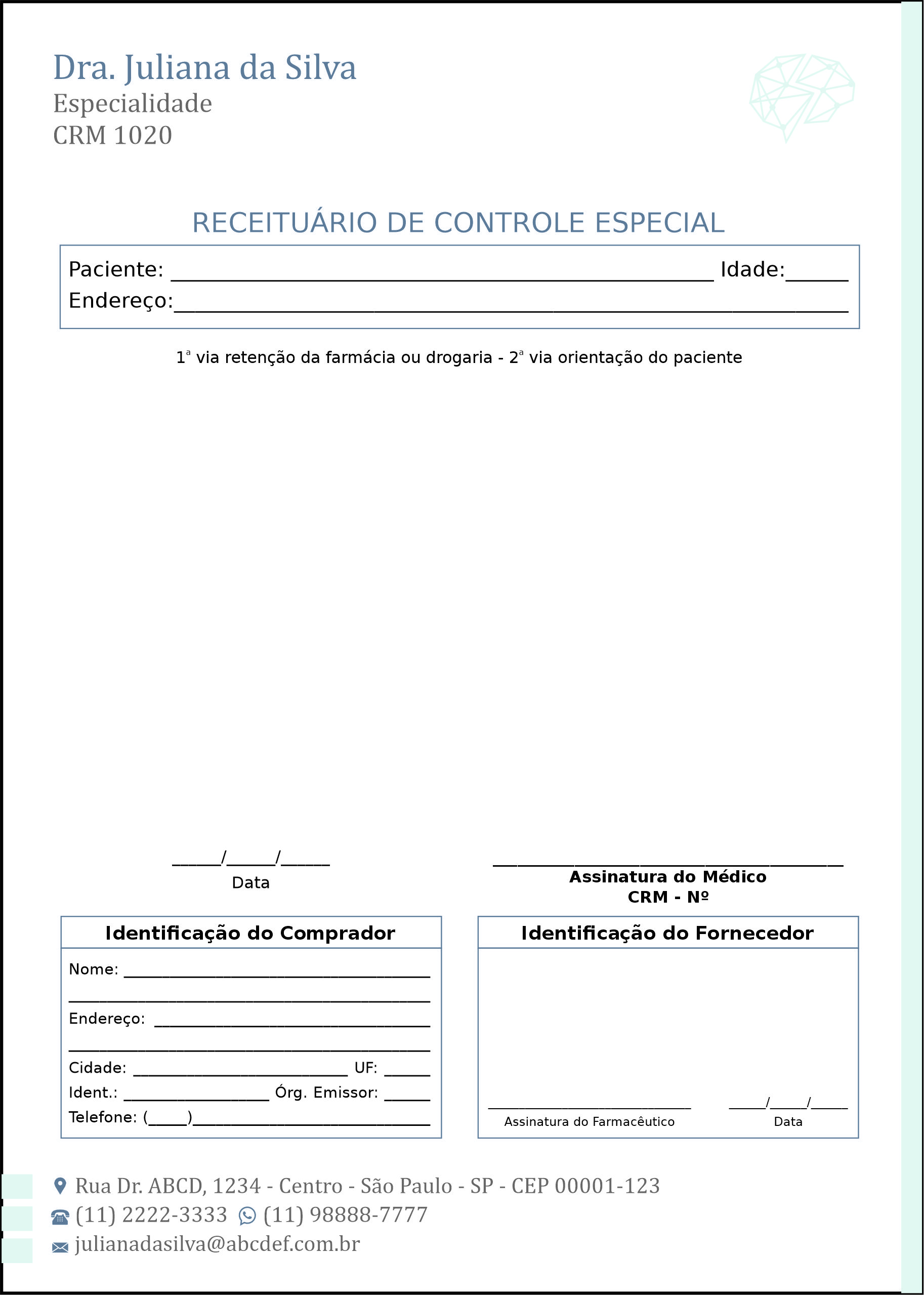 Receituário de Controle Especial Psiquiatra e Neurologista Genoa