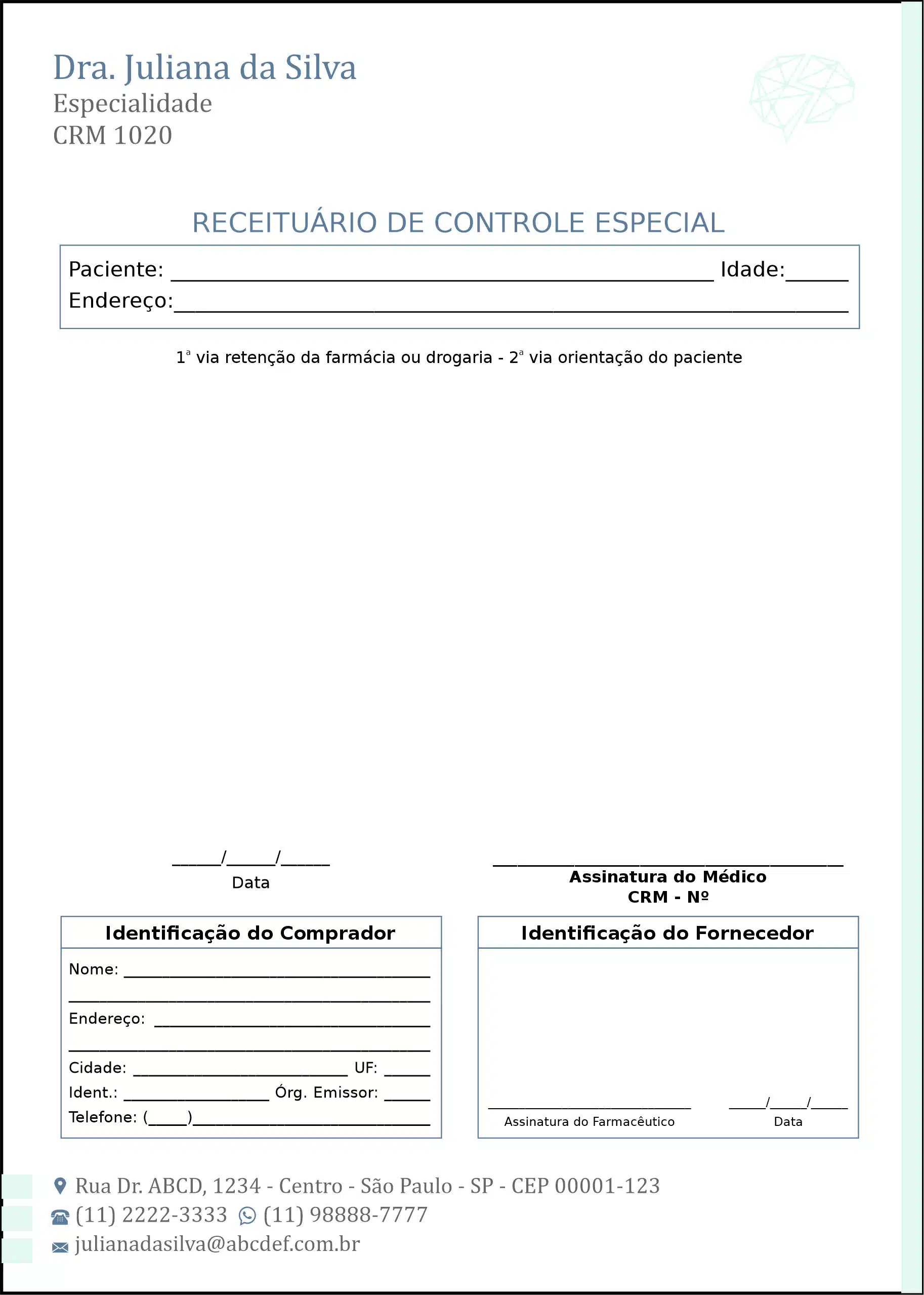 Receituário de Controle Especial Psiquiatra e Neurologista Genoa
