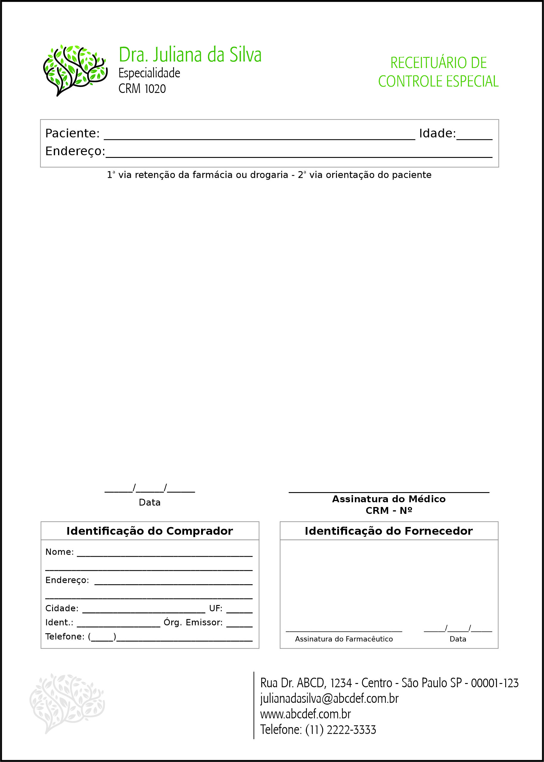 Receituário de Controle Especial Psiquiatra e Neurologista Turim