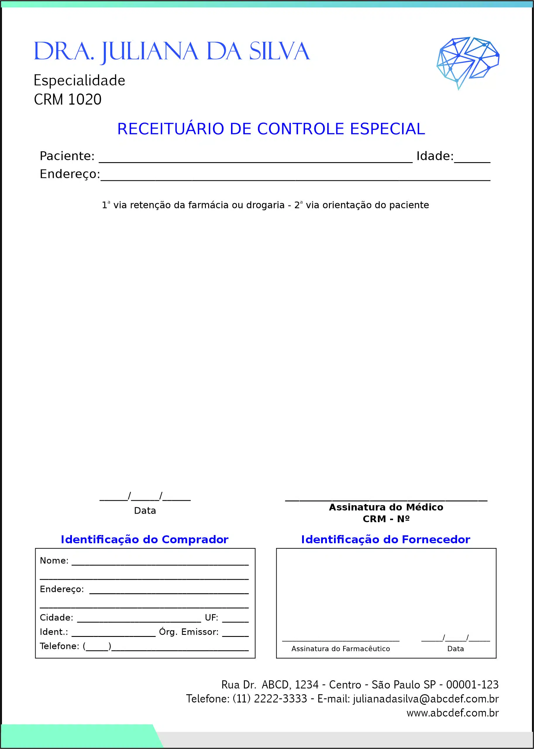 Receituário de Controle Especial Psiquiatra e Neurologista Leeds