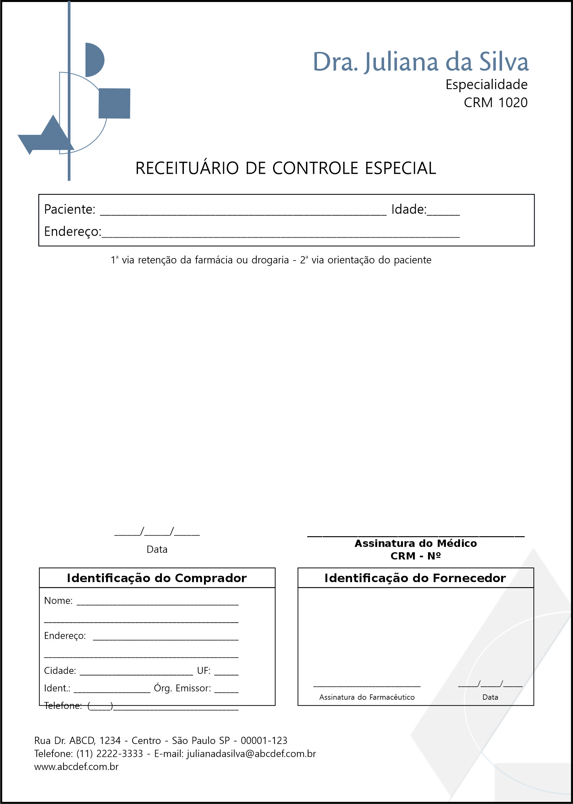 Receituário de Controle Especial Psiquiatra e Neurologista Siena