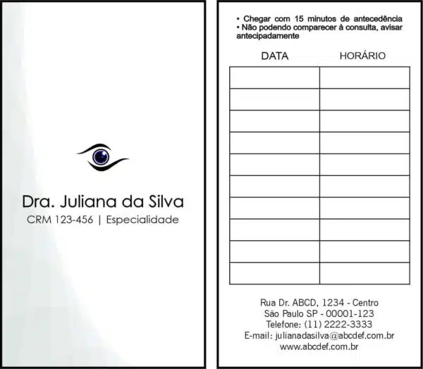 Cartão de Agendamento Oftalmologia Estocolmo