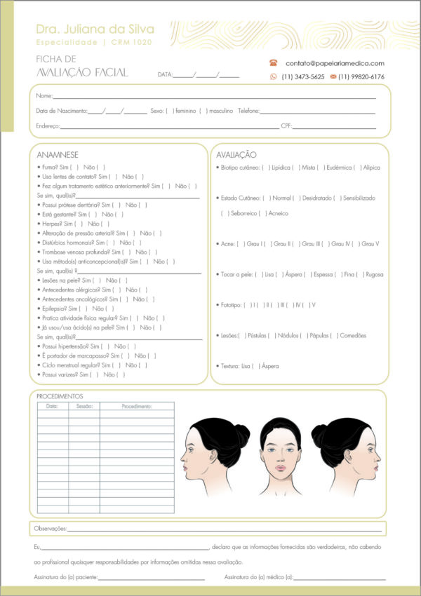 Ficha de Avaliação Facial A4 Ficha de Avaliação Facial A4