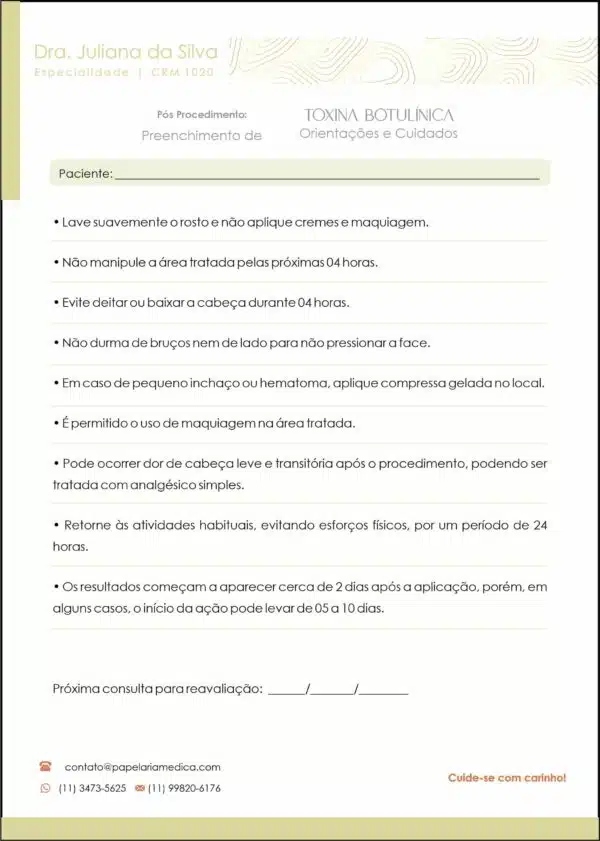 Pós Procedimento Preenchimento de Toxína Botulínica Orientações e Cuidados A4 Pós Procedimento Preenchimento de Toxína Botulínica Orientações e Cuidados A4