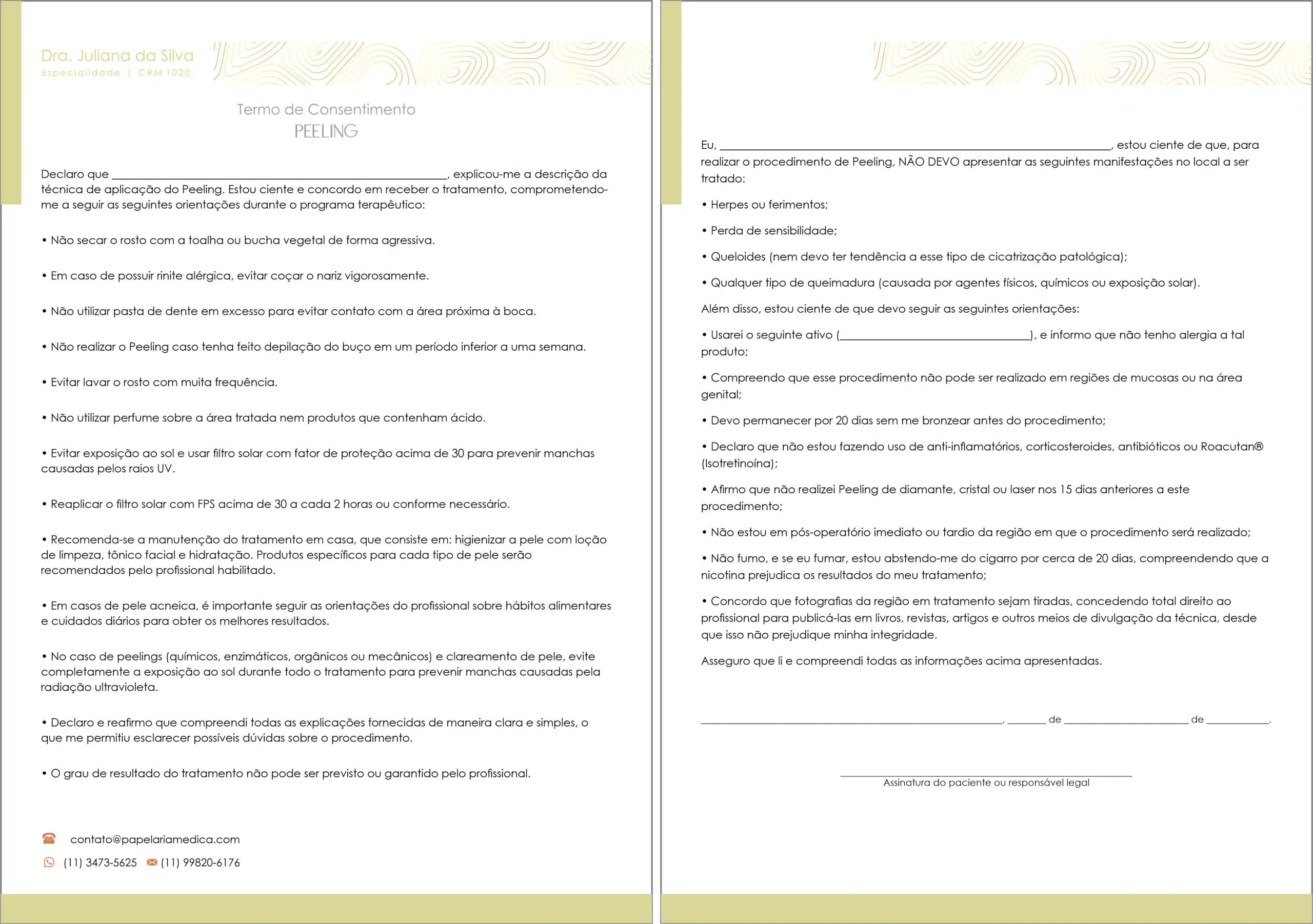 Termo de Consentimento Peeling A4 Frente e Verso